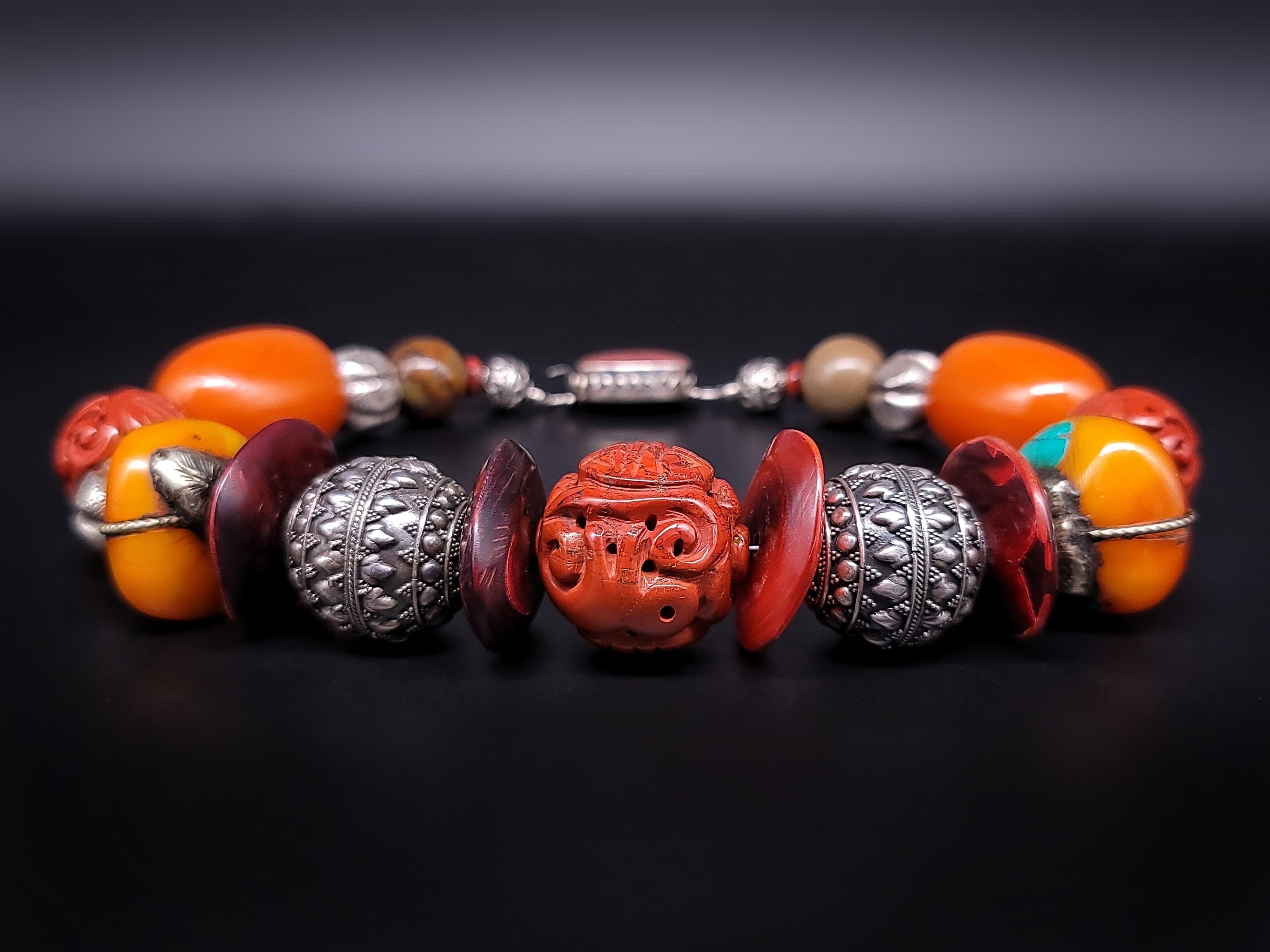 A.Jeschel Tibetan Amber necklace with Carved Ceramic. 6