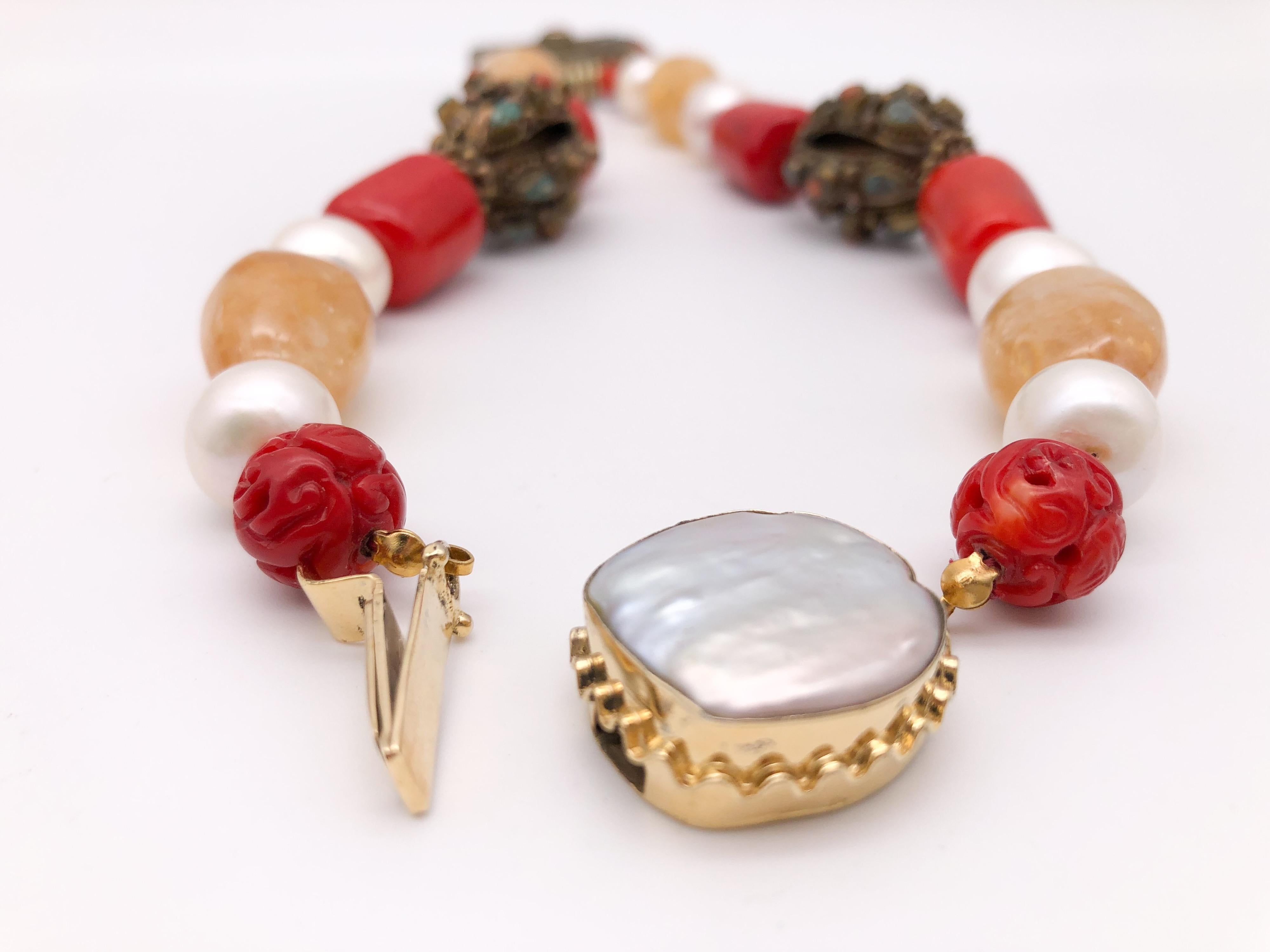 A.Jeschel Collier pendentif tibétain en laiton avec citrine et perles. en vente 9
