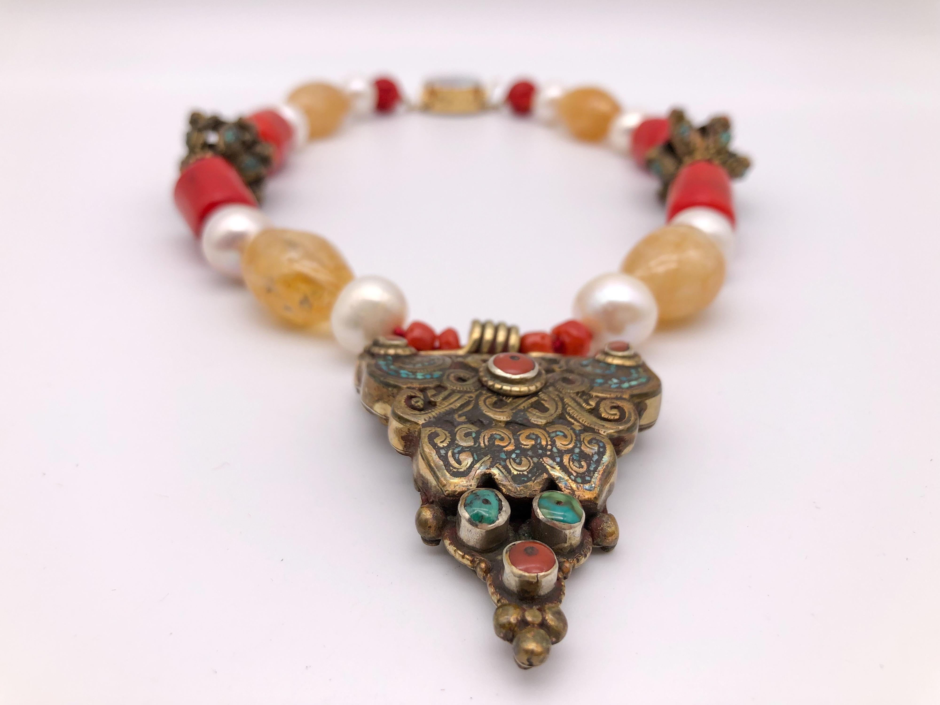 A.Jeschel Tibetan brass pendant with Citrine and Pearl necklace. In New Condition For Sale In Miami, FL
