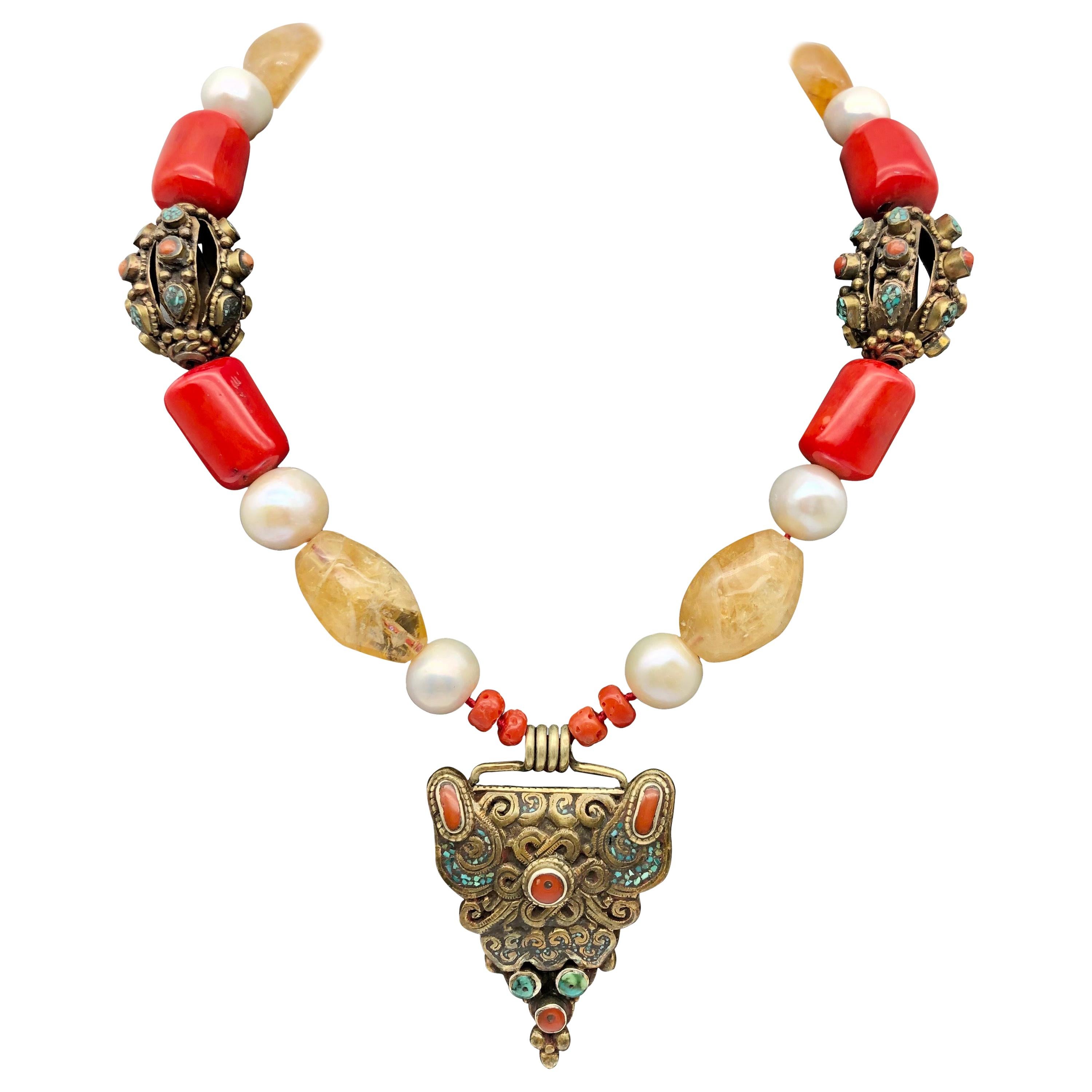 A.Jeschel Tibetan brass pendant with Citrine and Pearl necklace. For Sale