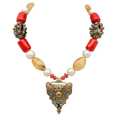 A.Jeschel Tibetan brass pendant with Citrine and Pearl necklace.