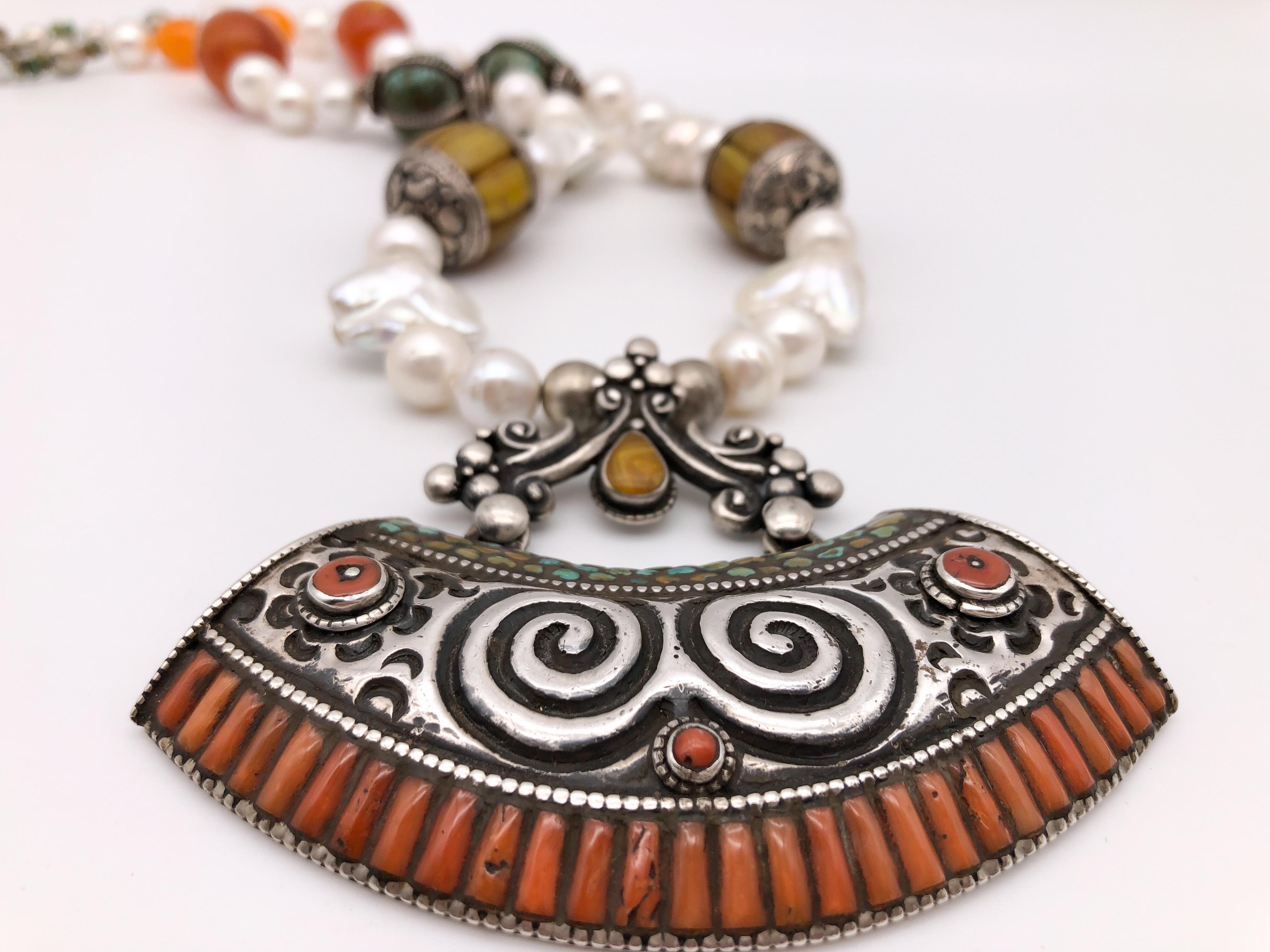 Mixed Cut A.Jeschel Tibetan Pendant Necklace With Assorted Gems  For Sale