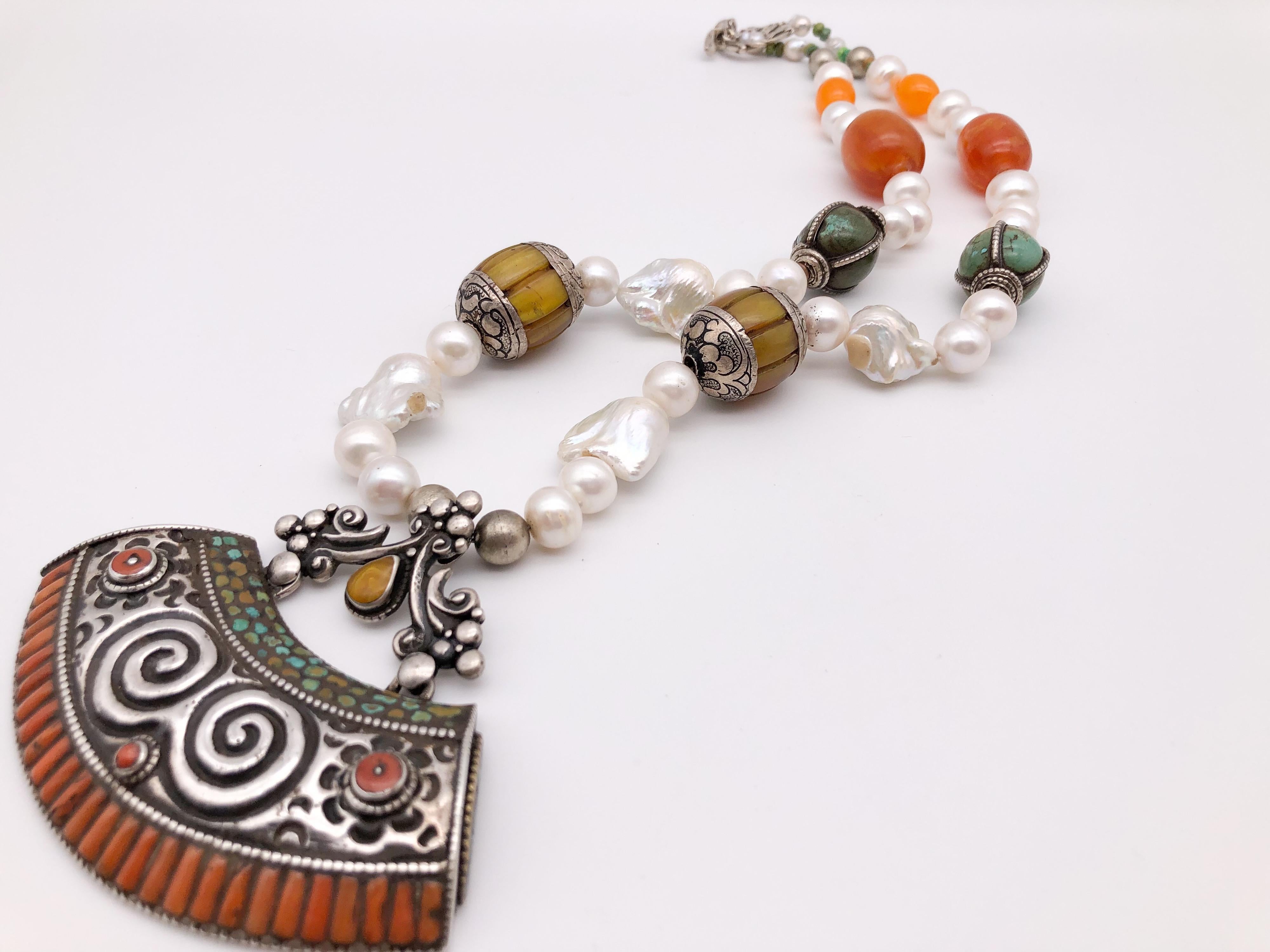 A.Jeschel Tibetan Pendant Necklace With Assorted Gems  In New Condition For Sale In Miami, FL