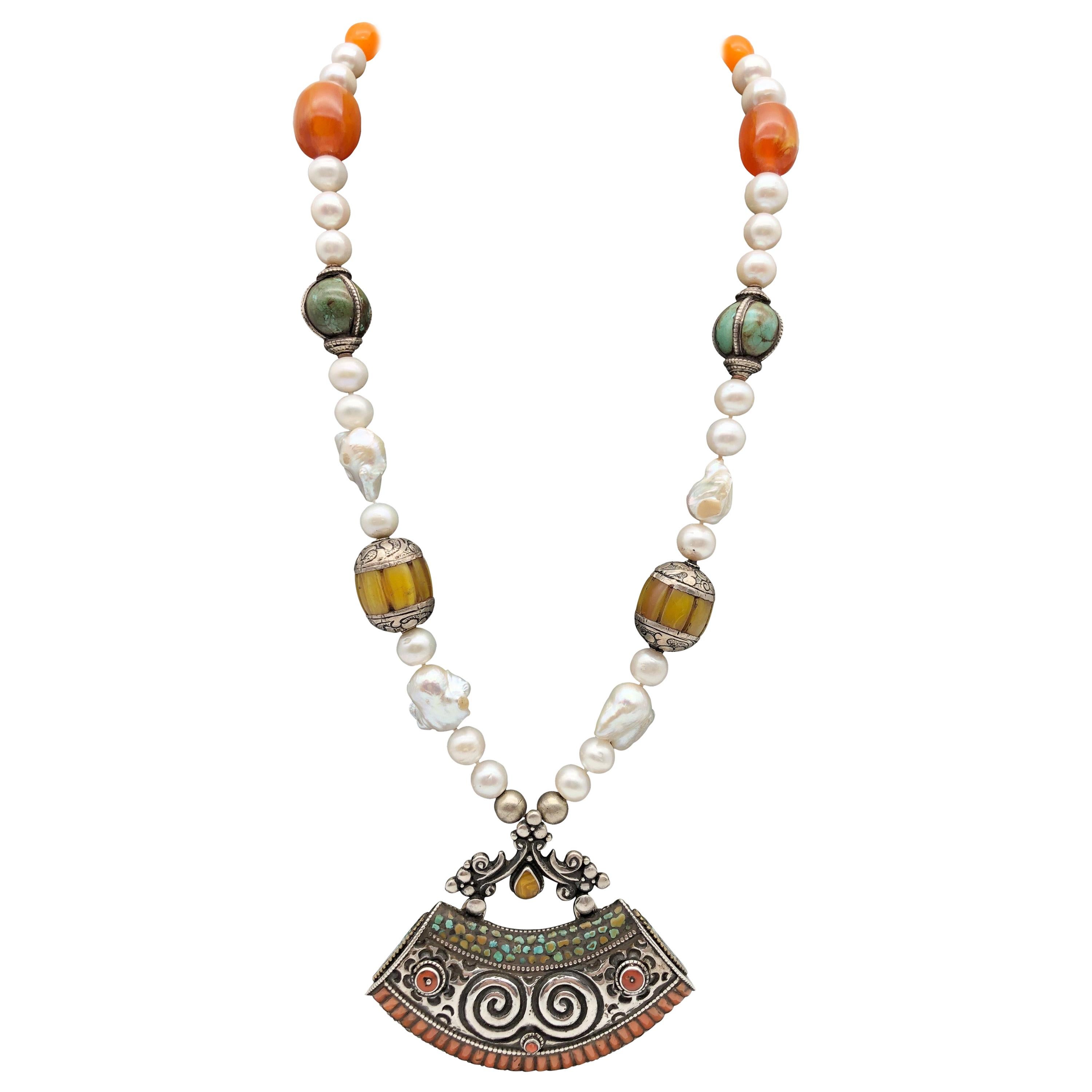 A.Jeschel Tibetan Pendant Necklace With Assorted Gems  For Sale