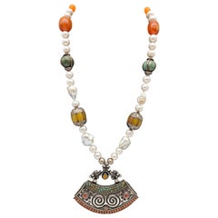 A.Jeschel Tibetan Pendant Necklace With Assorted Gems 
