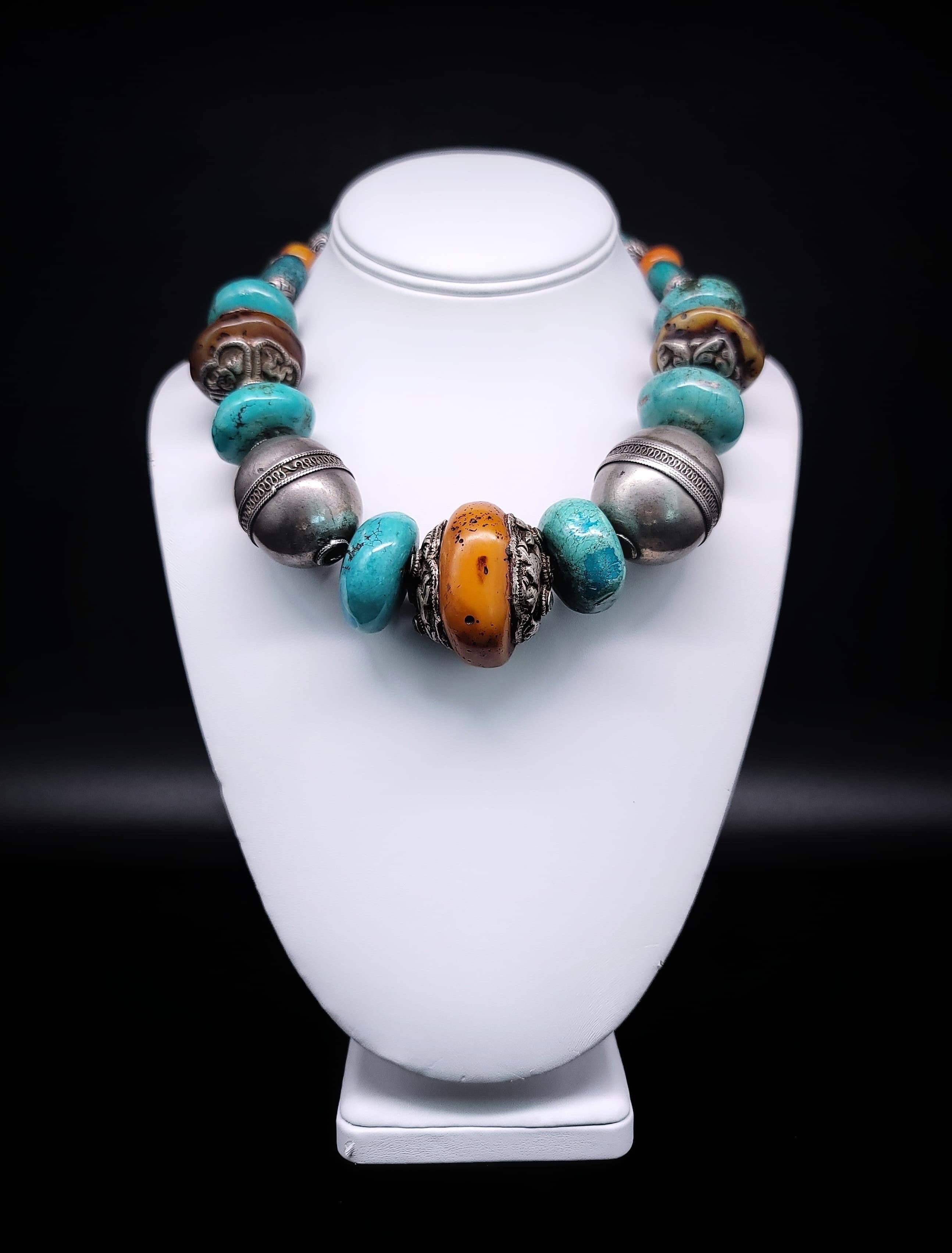 A.Jeschel Tibetan Turquoise bold Amber beads necklace. For Sale 4
