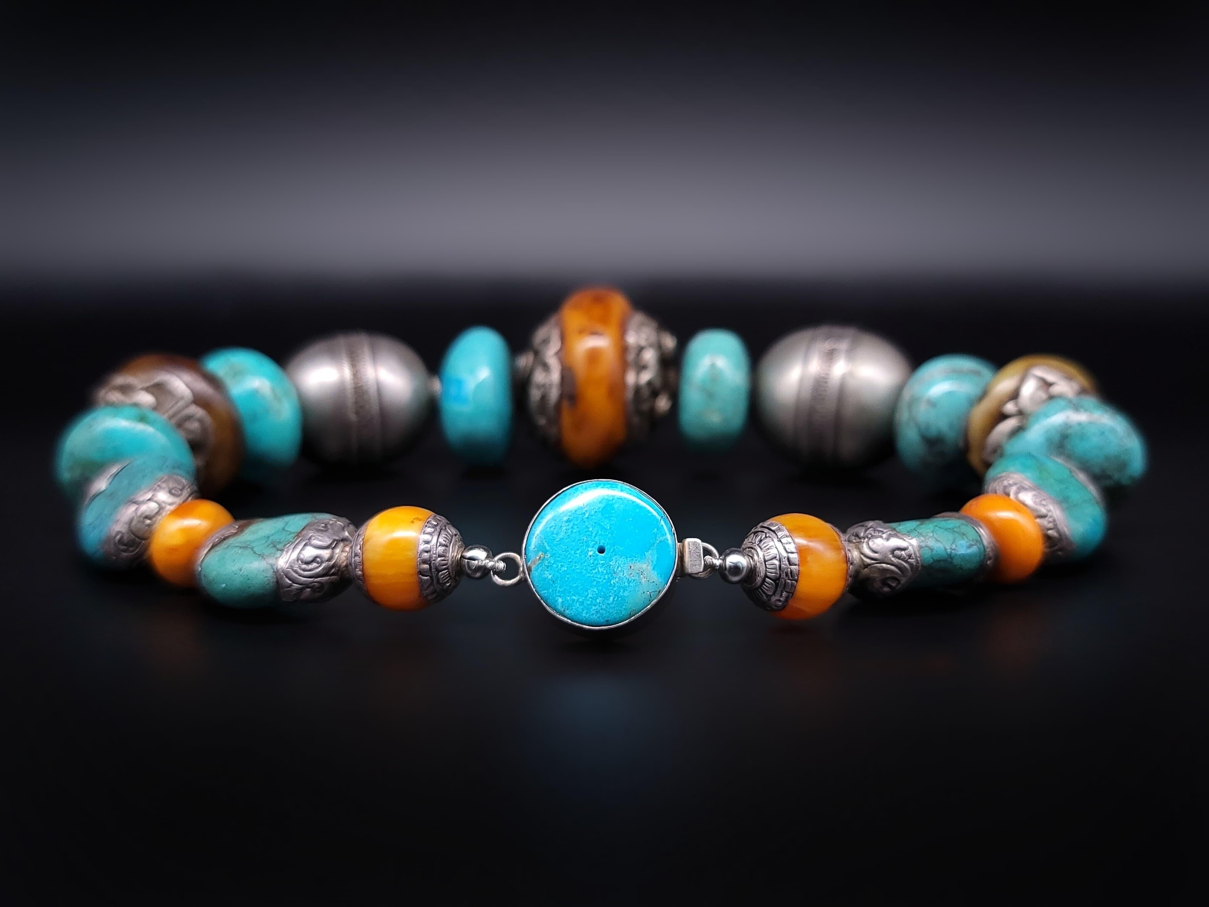 A.Jeschel Collier de perles d'ambre tibétaines turquoise. en vente 11