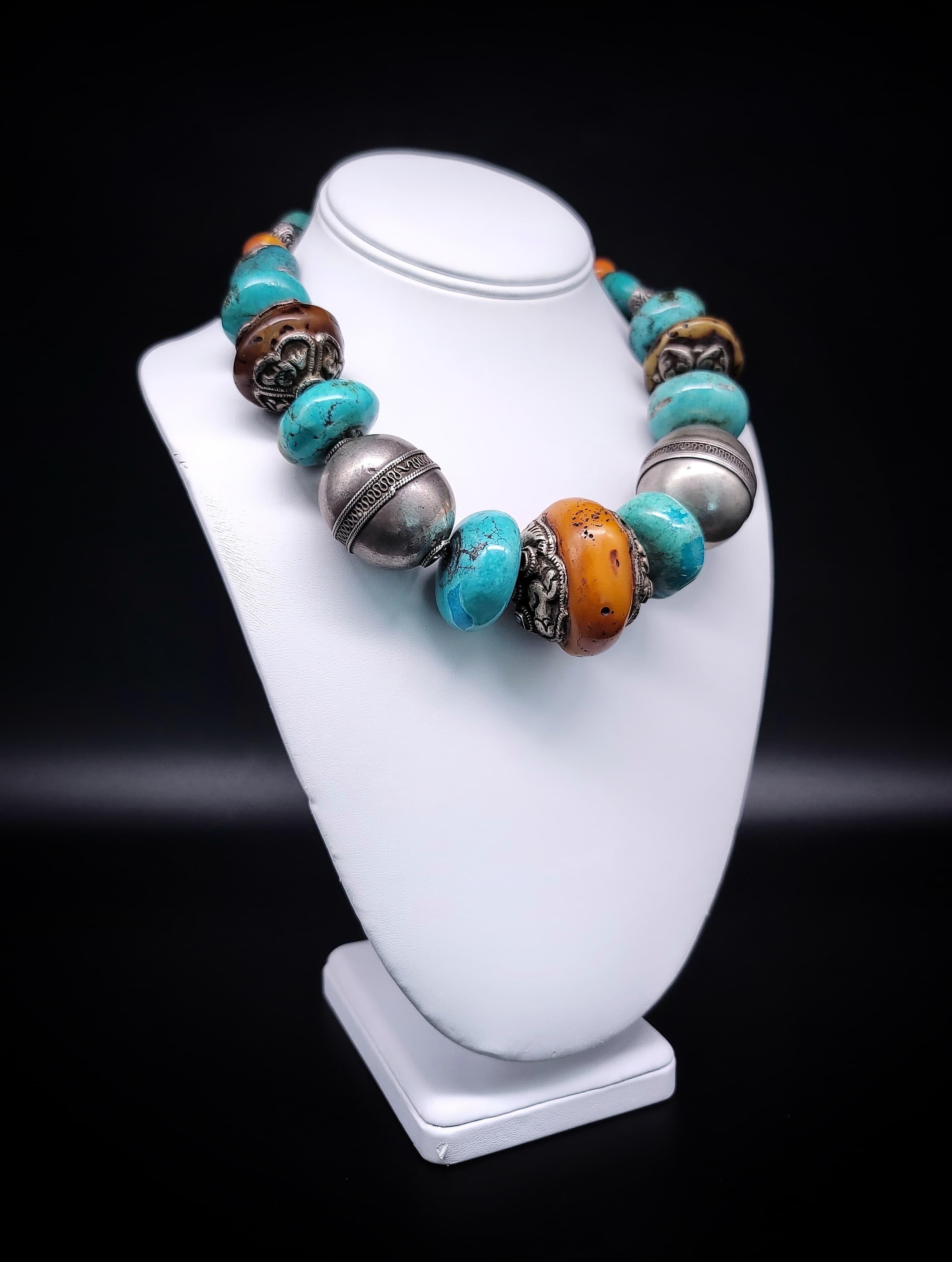 A.Jeschel Tibetan Turquoise bold Amber beads necklace. For Sale 12