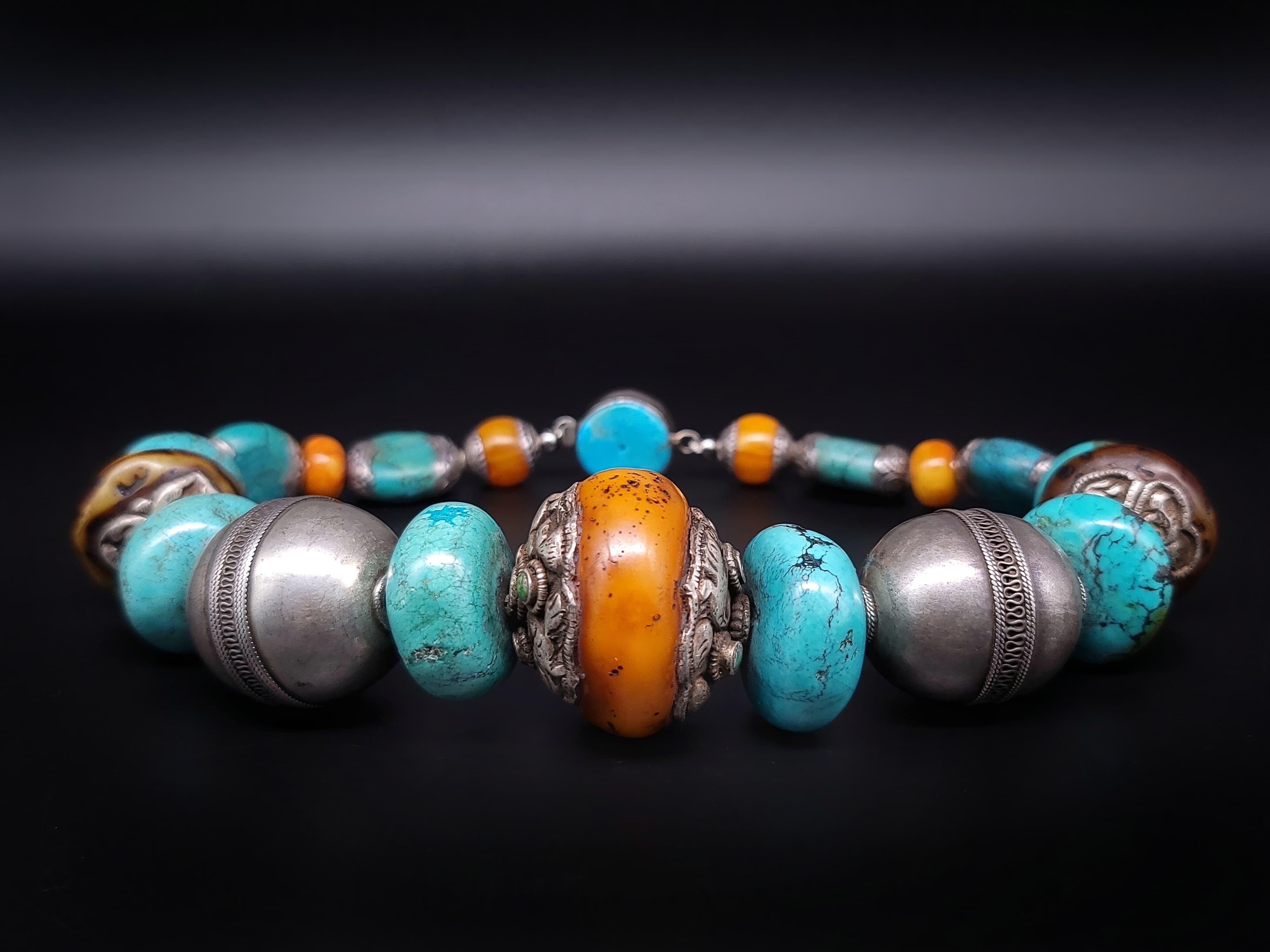 Contemporary A.Jeschel Tibetan Turquoise bold Amber beads necklace. For Sale