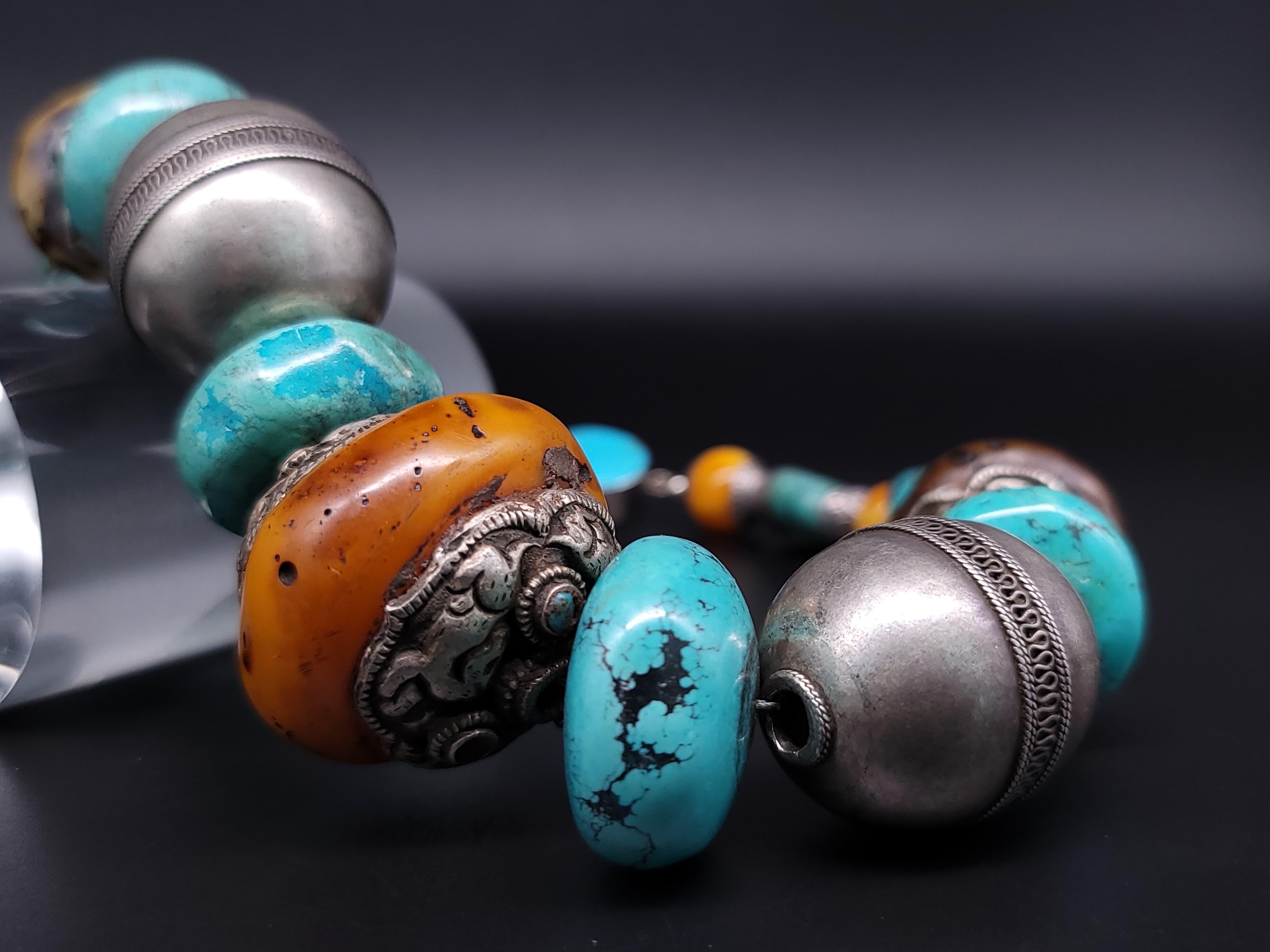 Mixed Cut A.Jeschel Tibetan Turquoise bold Amber beads necklace. For Sale