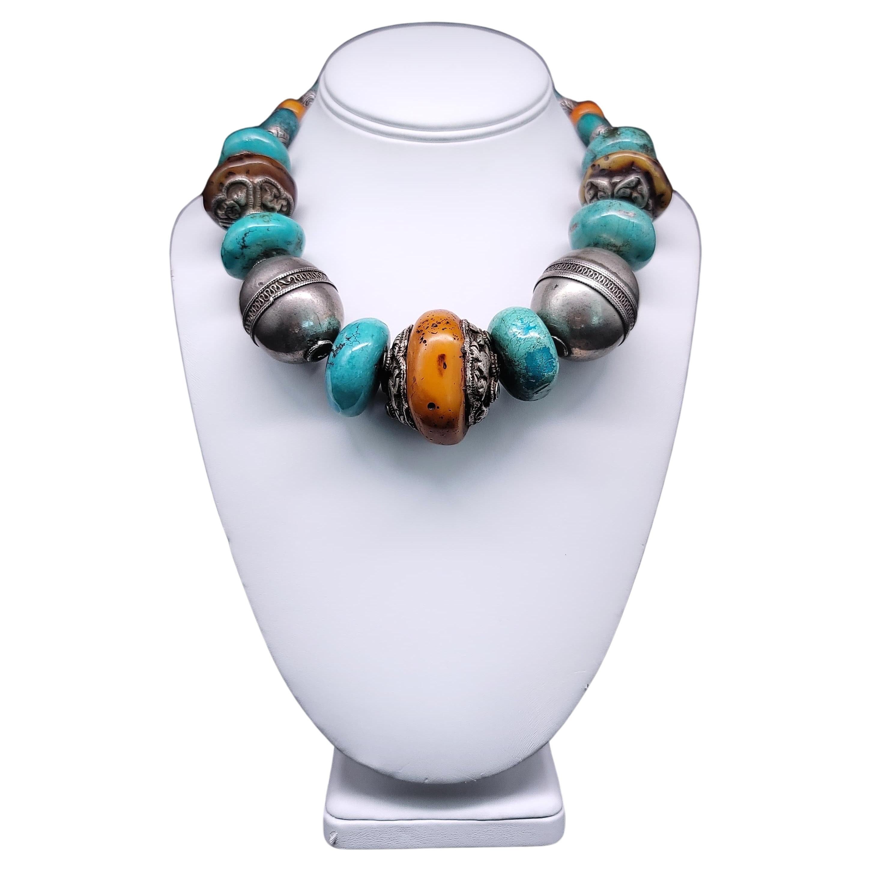 A.Jeschel Tibetan Turquoise bold Amber beads necklace. For Sale