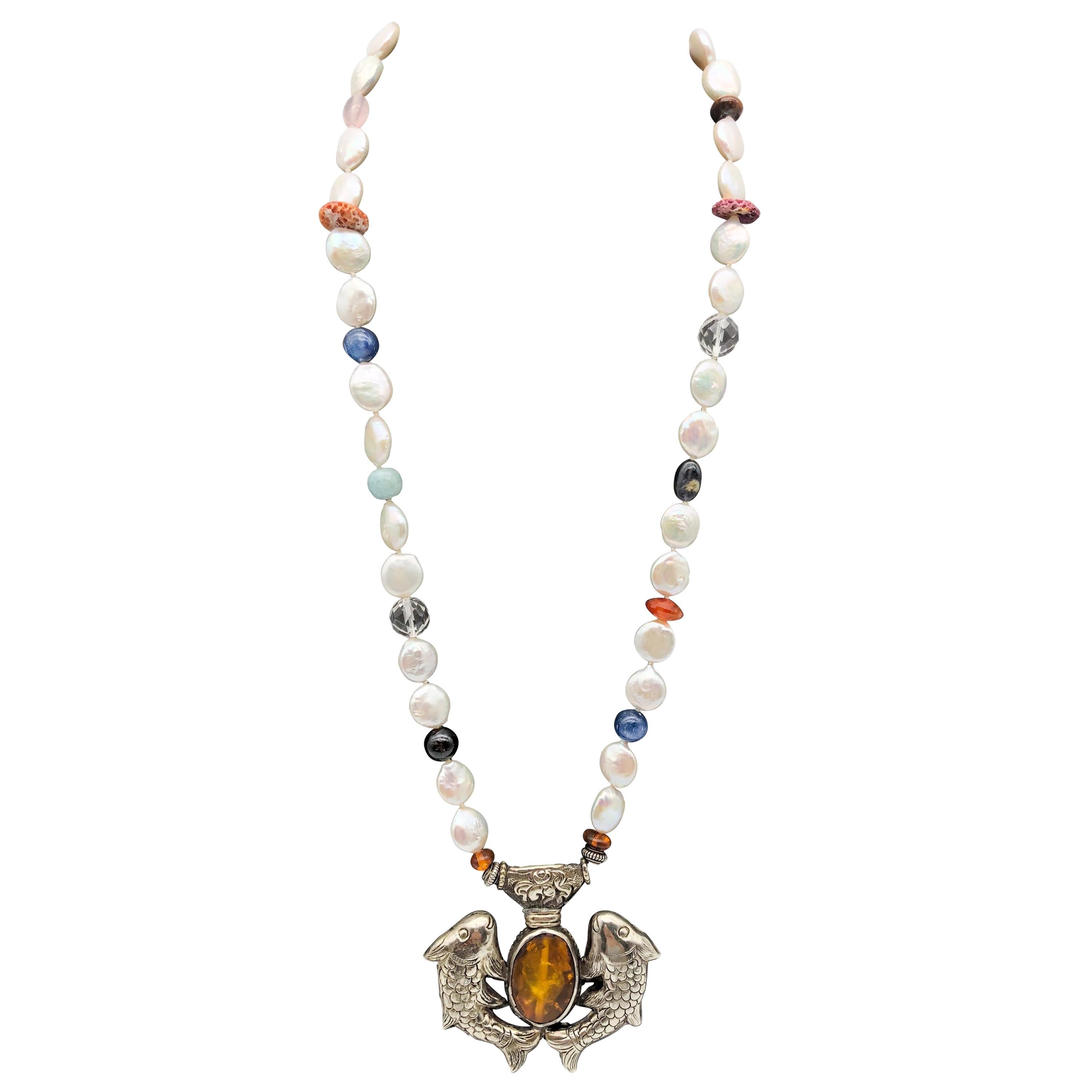 A.Jeschel Tibetan "Two Golden Fish" pendant on Freshwater Pearl necklace. For Sale