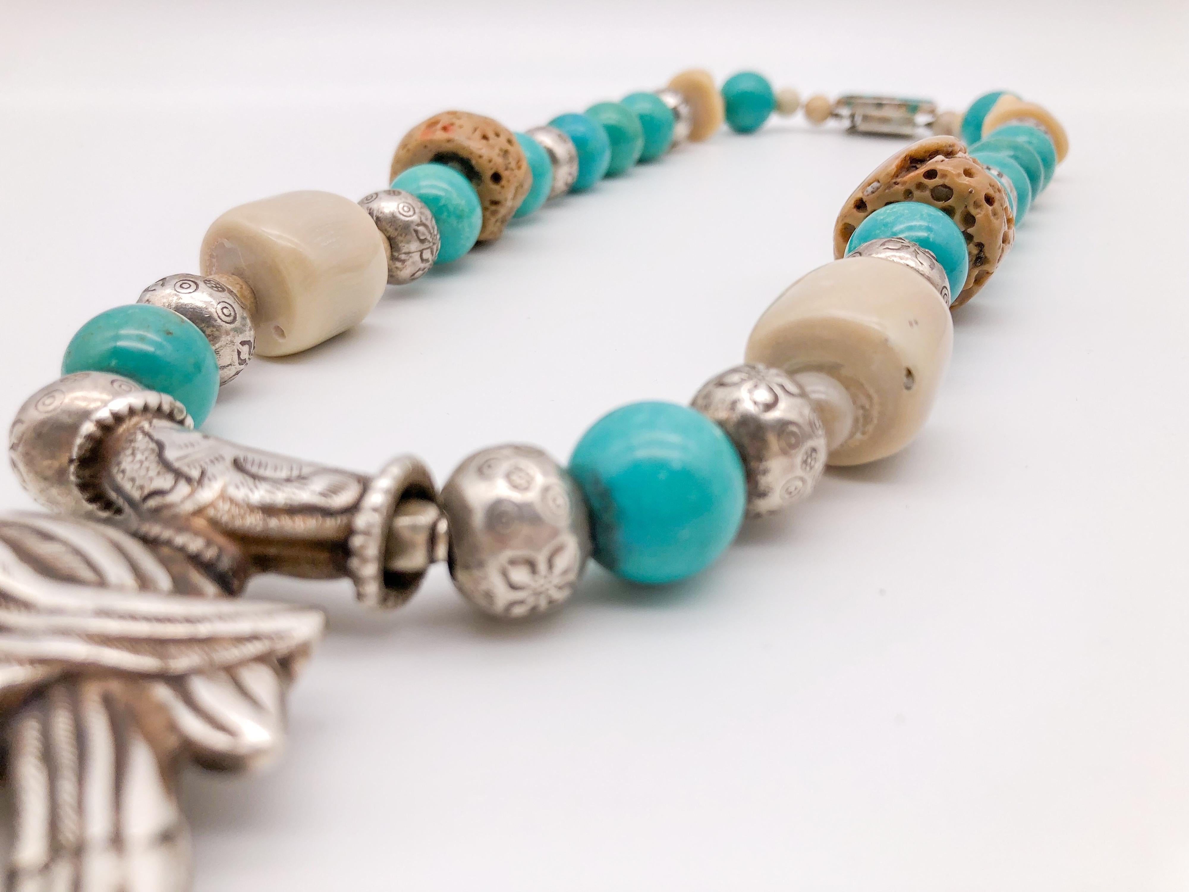 A.Jeschel Turquoise and Ethnic beads necklace with Tibetan Silver Bird Pendant   For Sale 3