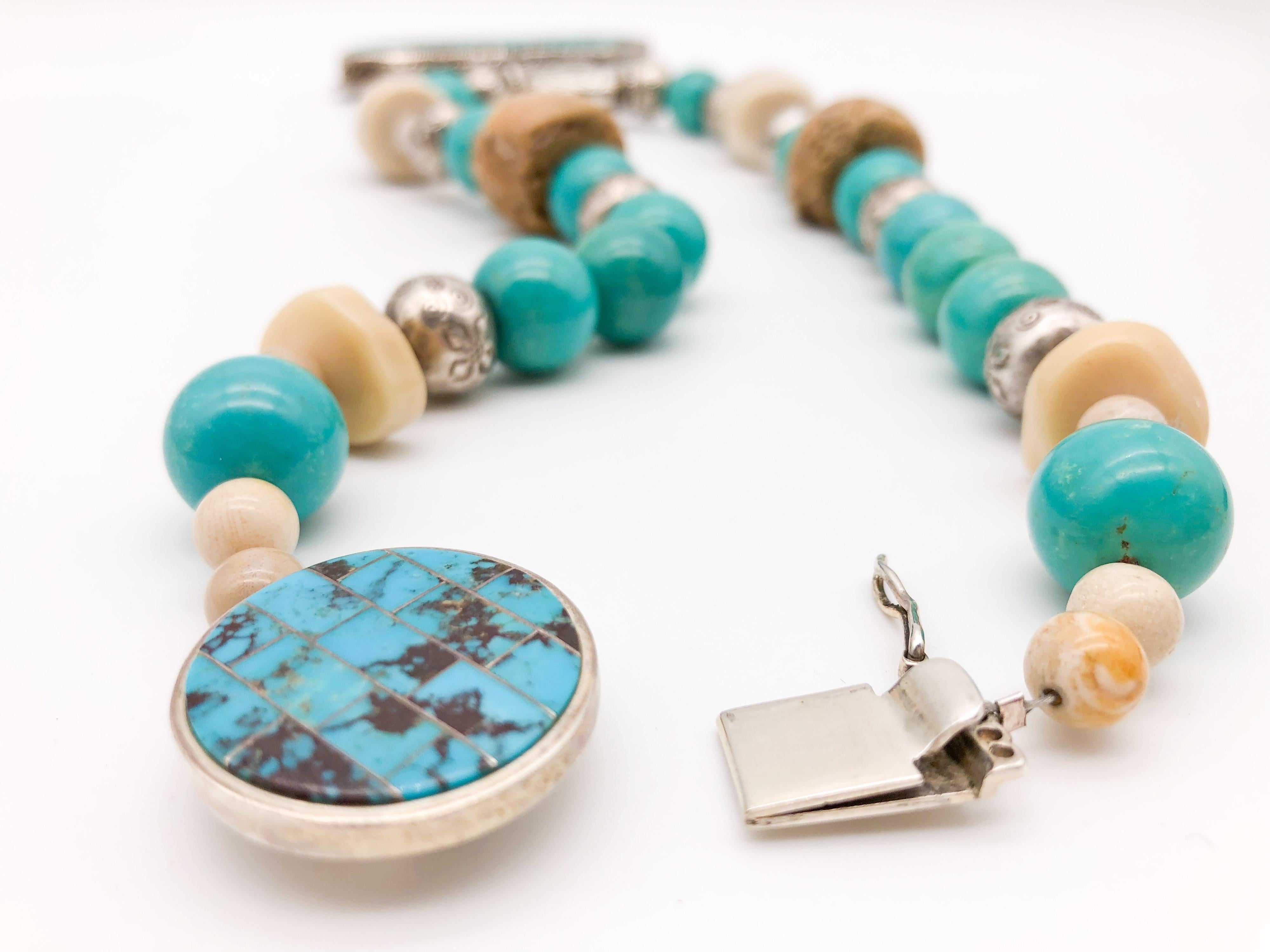 A.Jeschel Turquoise and Ethnic beads necklace with Tibetan Silver Bird Pendant   For Sale 4