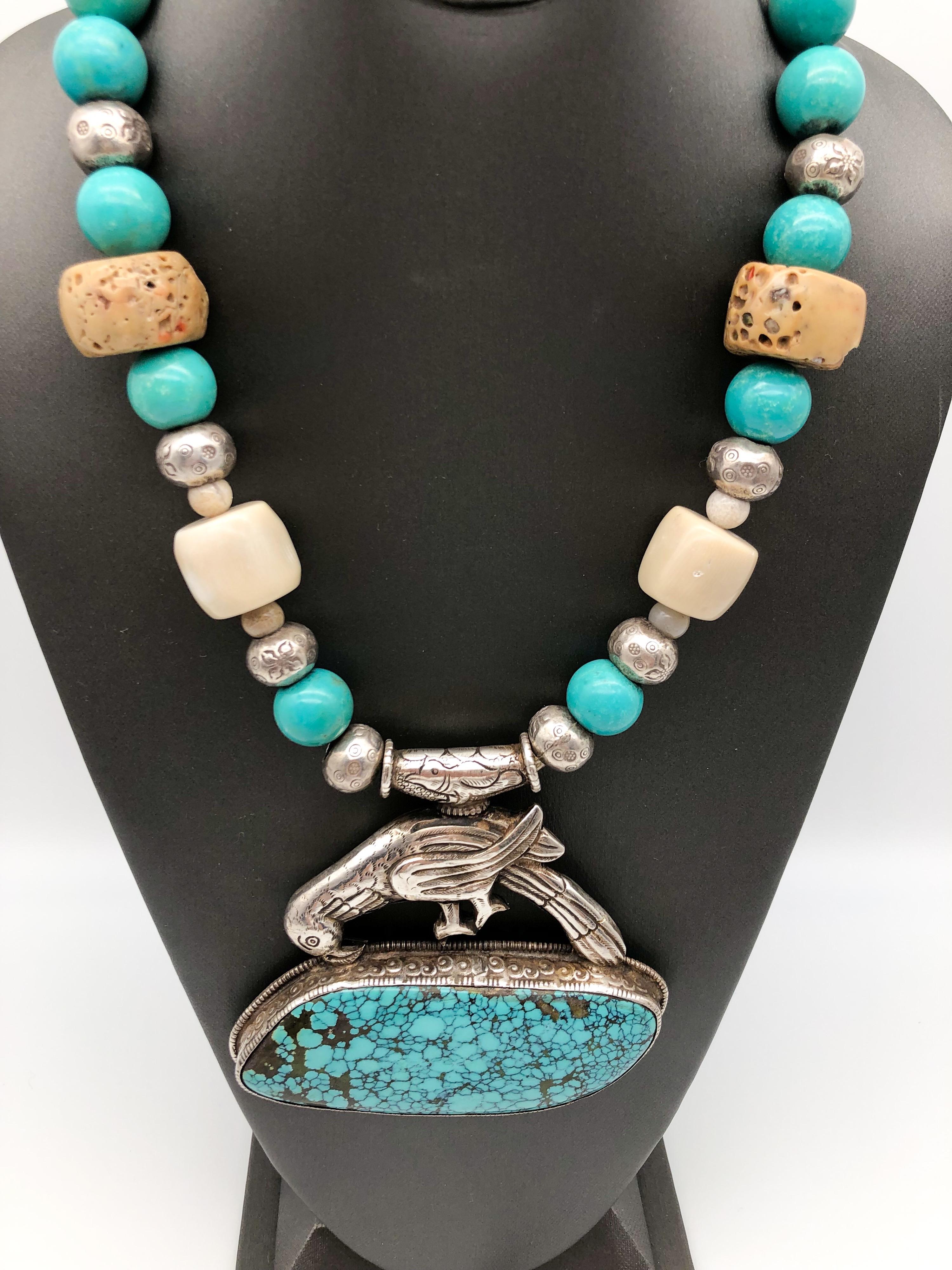 A.Jeschel Turquoise and Ethnic beads necklace with Tibetan Silver Bird Pendant   For Sale 7