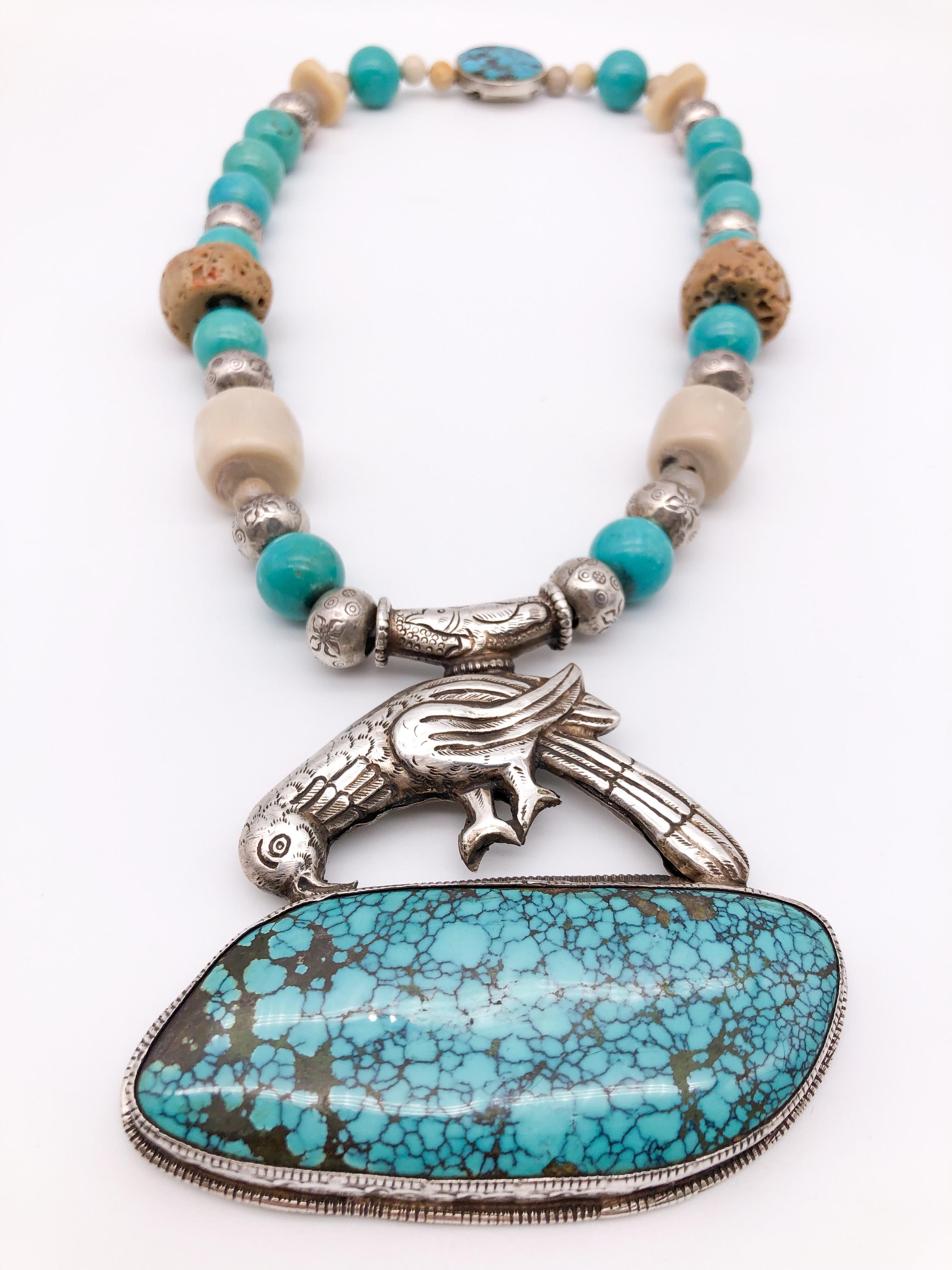 Women's A.Jeschel Turquoise and Ethnic beads necklace with Tibetan Silver Bird Pendant   For Sale