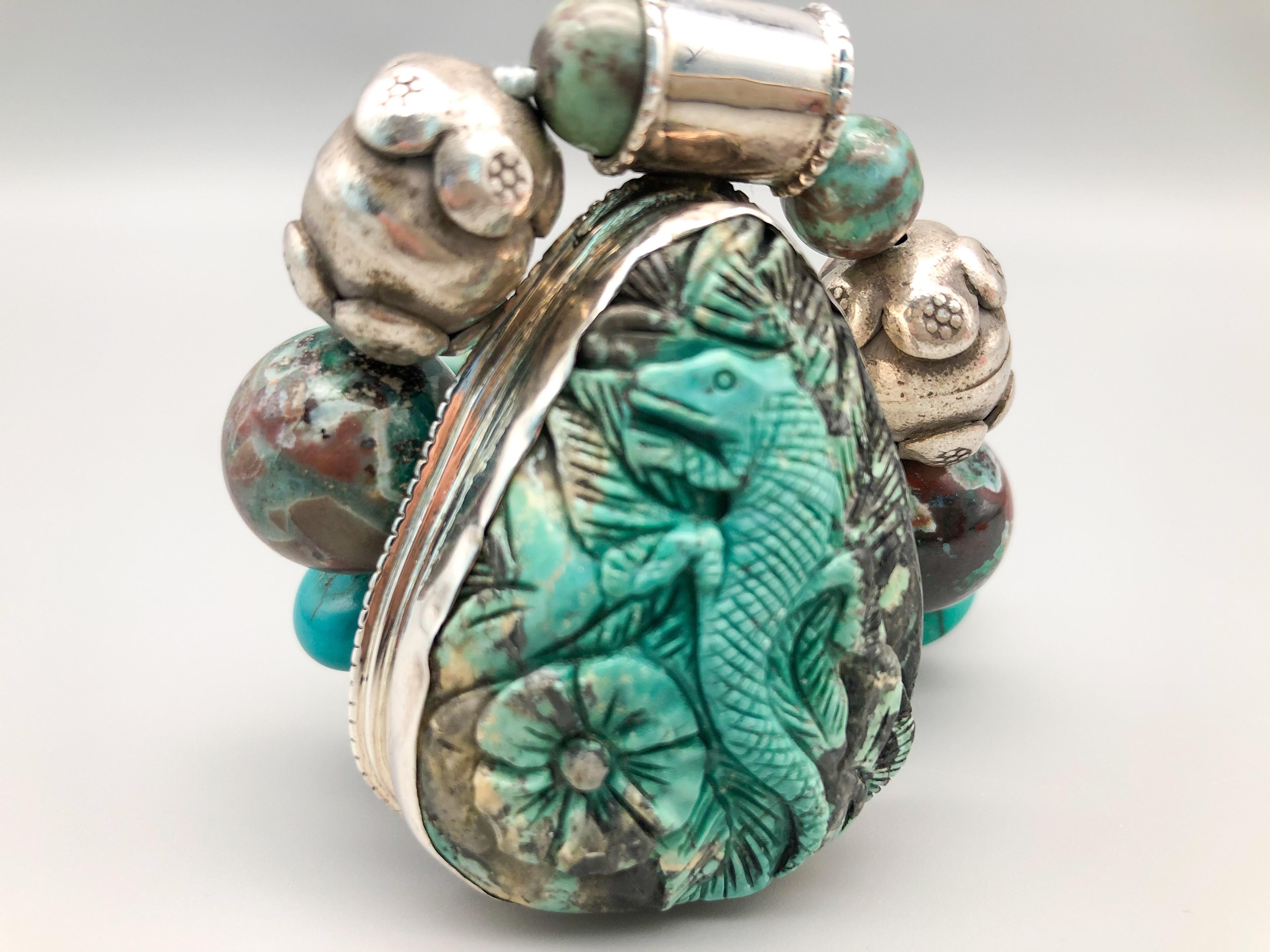 Mixed Cut A.Jeschel  Turquoise Necklace Carved lizard pendant 