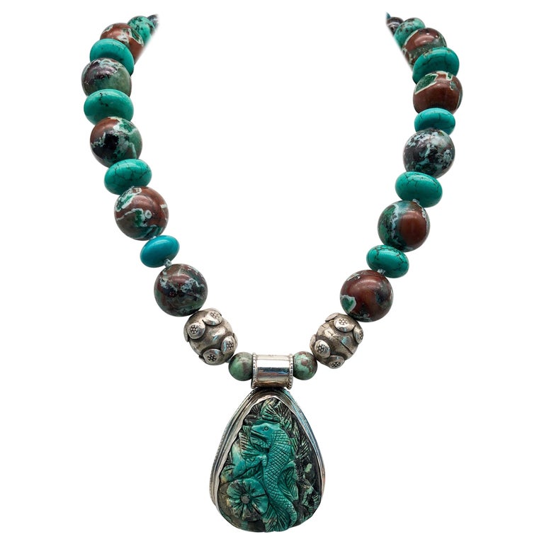 A.Jeschel Turquoise Necklace Carved lizard pendant For Sale at 1stDibs