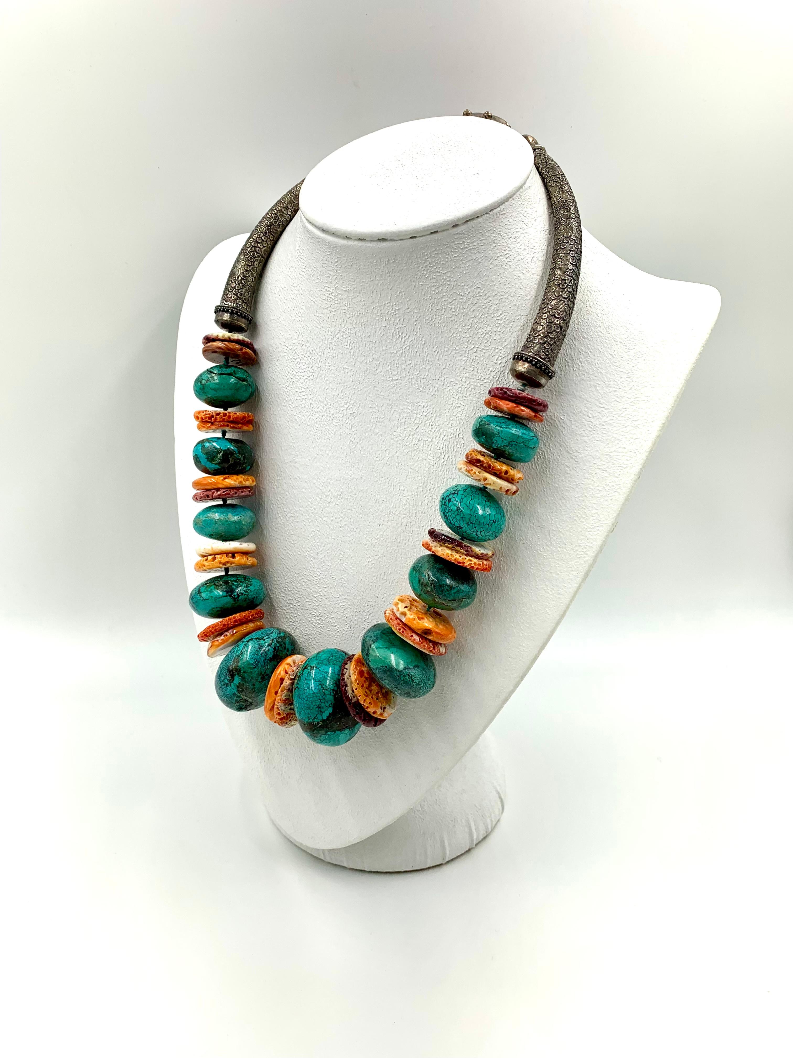 A.Jeschel Turquoise Sterling Silver Spiny Shell Oyster Tribal Statement Necklace For Sale 4