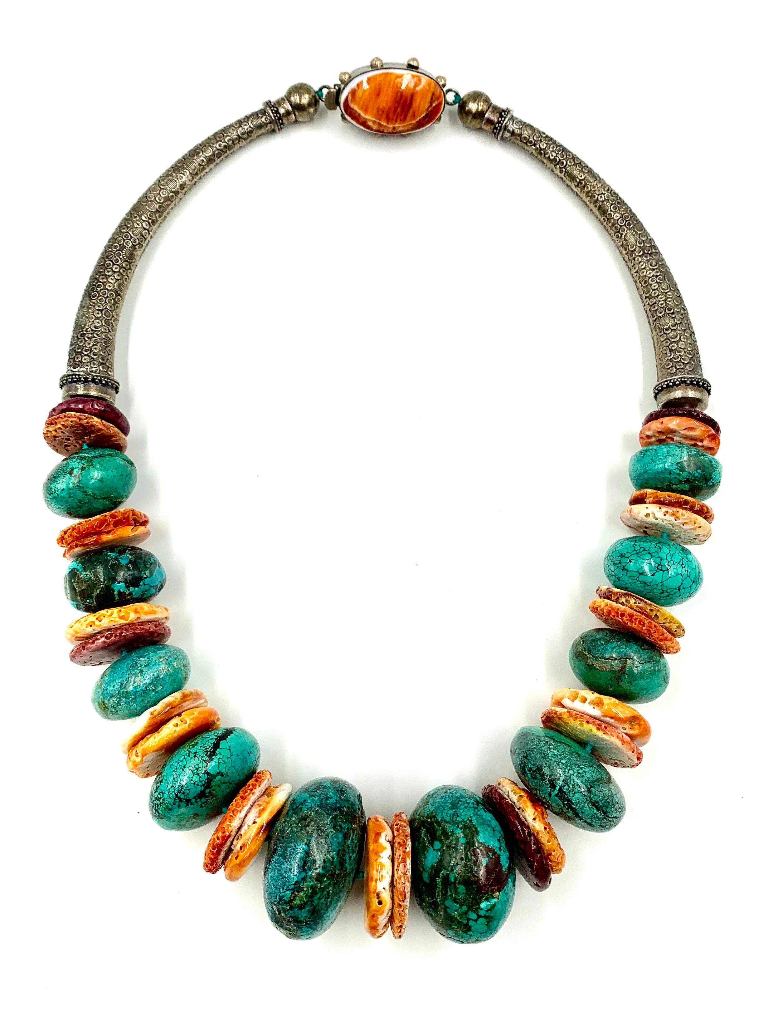 A.Jeschel Turquoise Sterling Silver Spiny Shell Oyster Tribal Statement Necklace For Sale 5