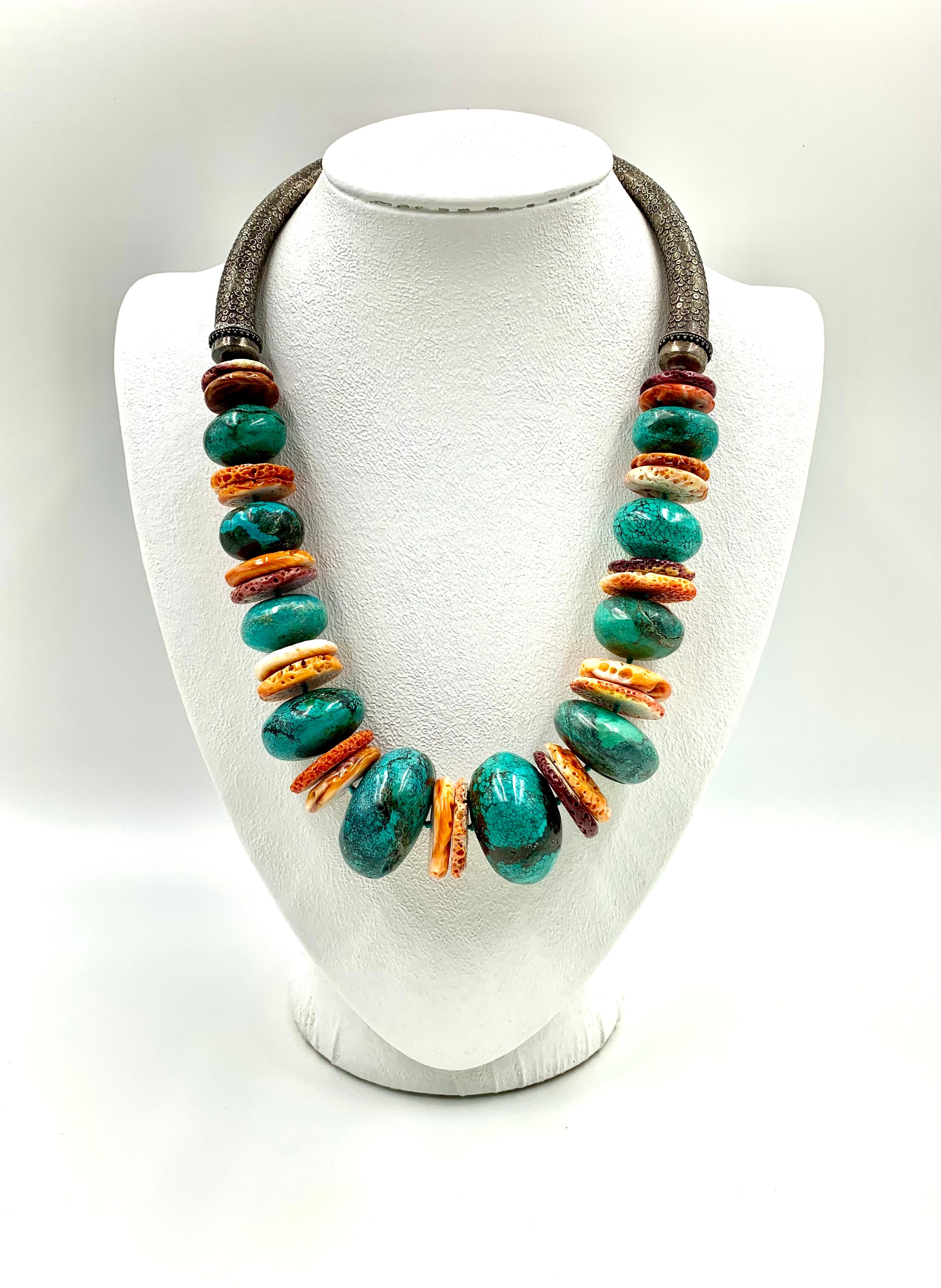 Contemporary A.Jeschel Turquoise Sterling Silver Spiny Shell Oyster Tribal Statement Necklace For Sale