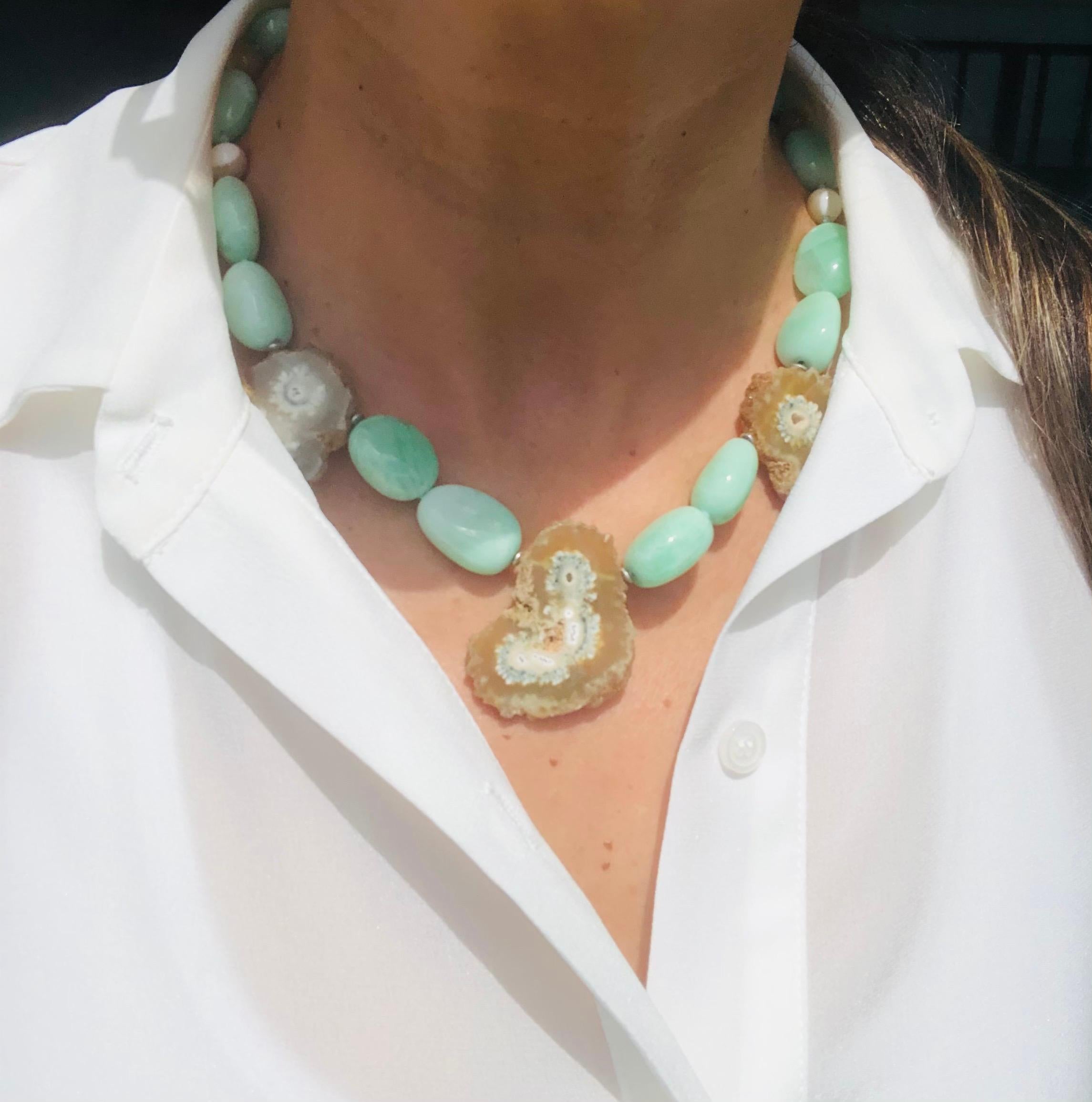 Contemporary A.Jeschel  Unusual green Amazonite and stalactite geode single strand necklace For Sale