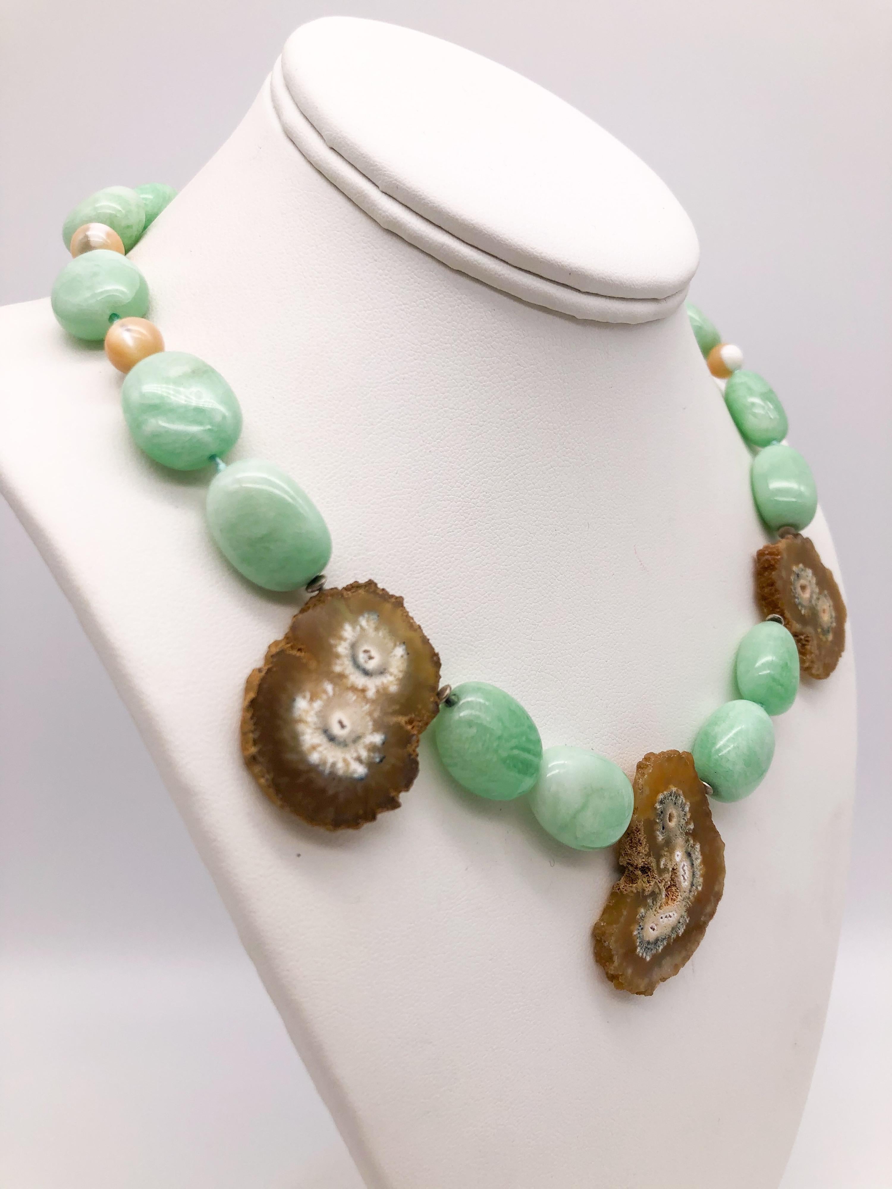 Mixed Cut A.Jeschel  Unusual green Amazonite and stalactite geode single strand necklace For Sale