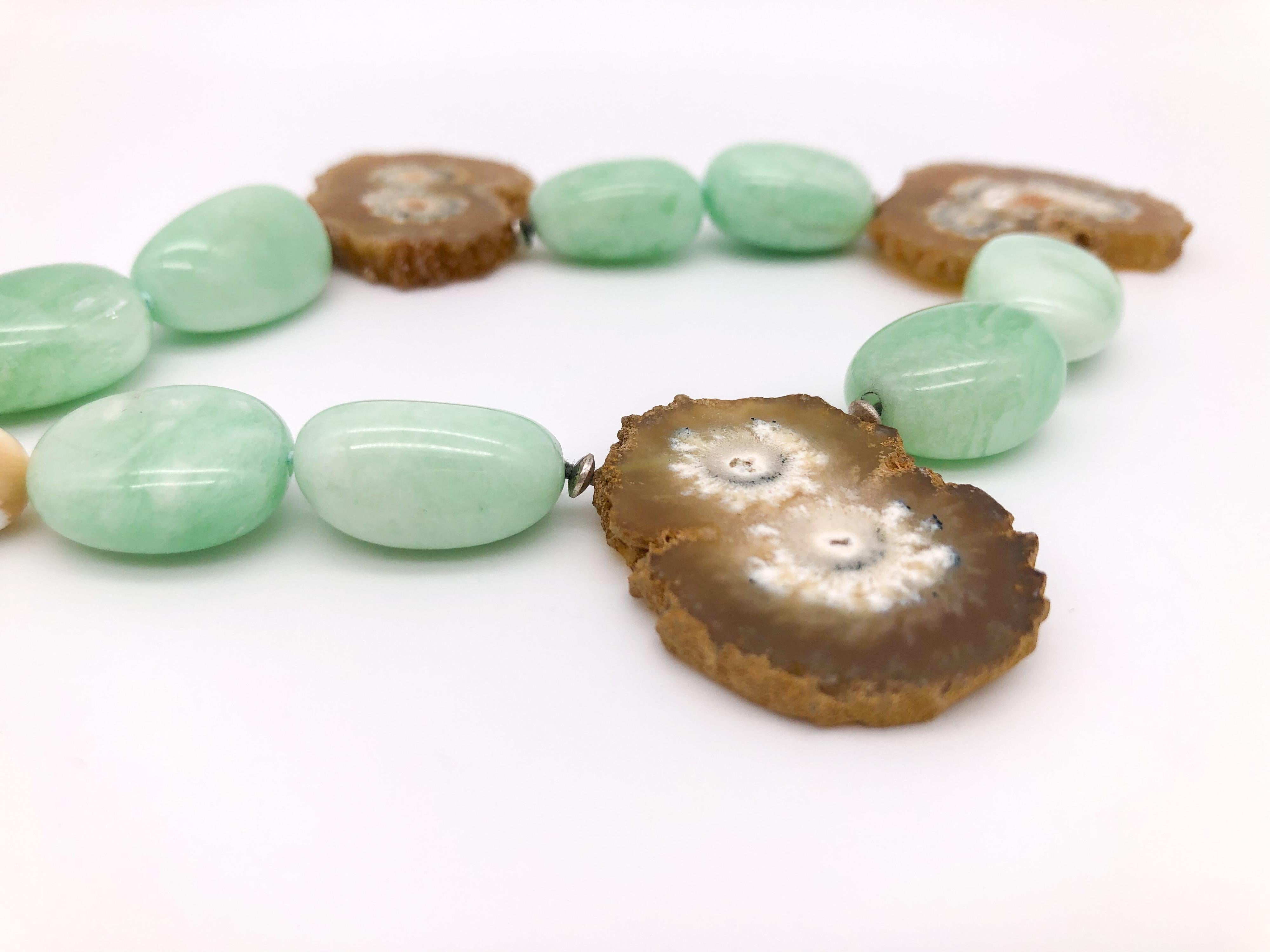 Mixed Cut A.Jeschel  Unusual green Amazonite and stalactite geode single strand necklace For Sale
