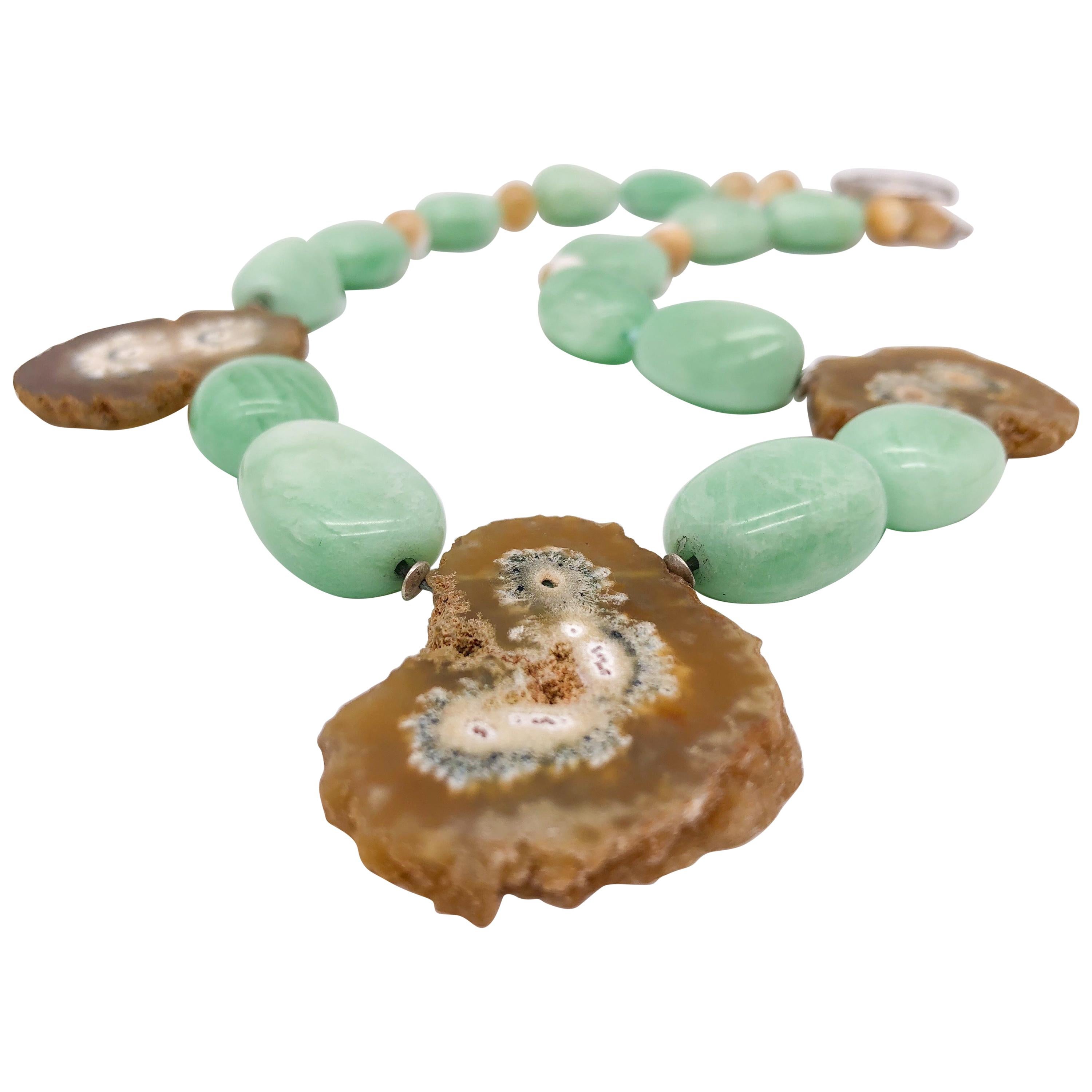 A.Jeschel  Unusual green Amazonite and stalactite geode single strand necklace For Sale
