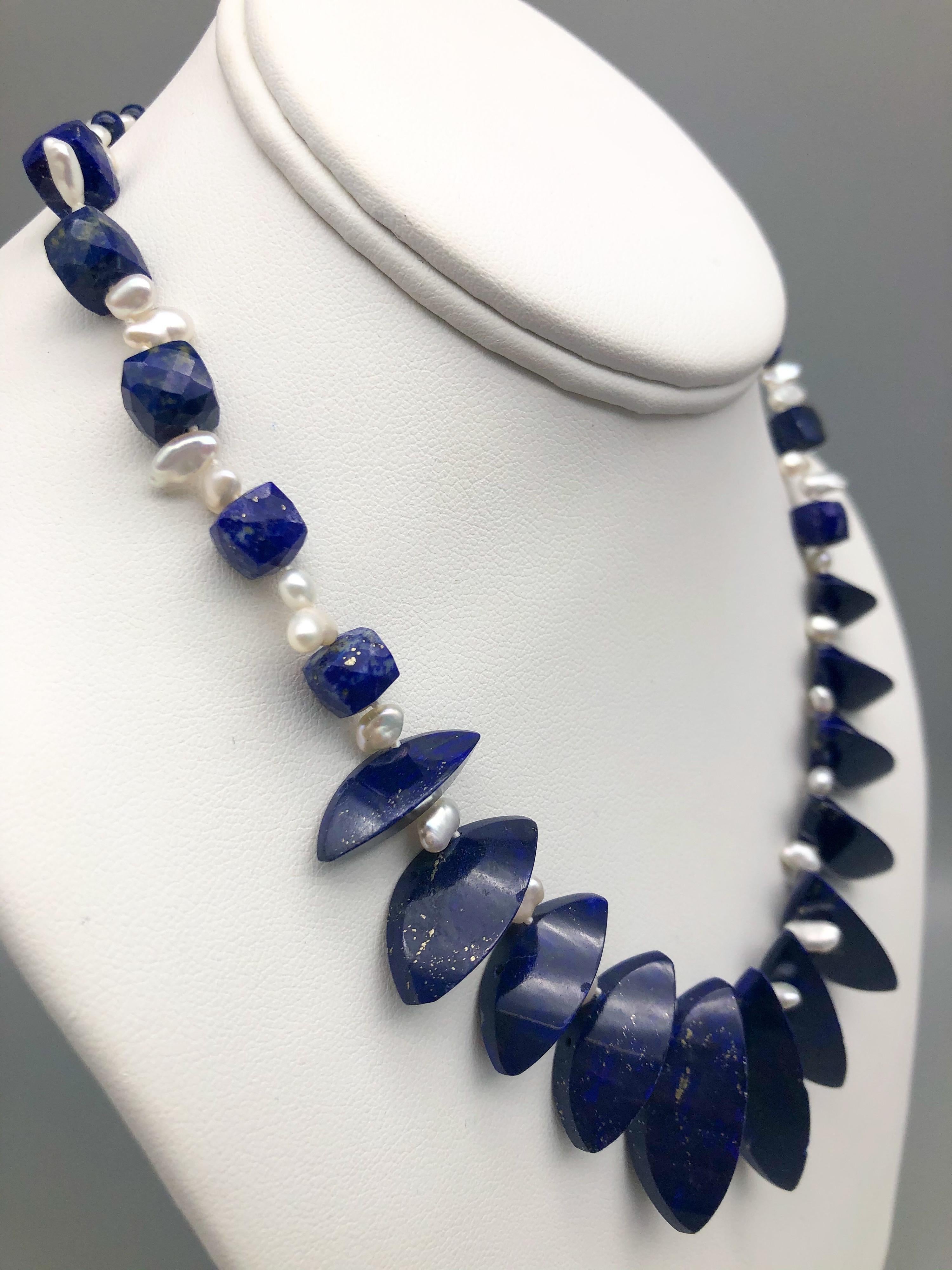 A.Jeschel Unusually cut Lapis beads are strung in a flattering necklace. For Sale 1