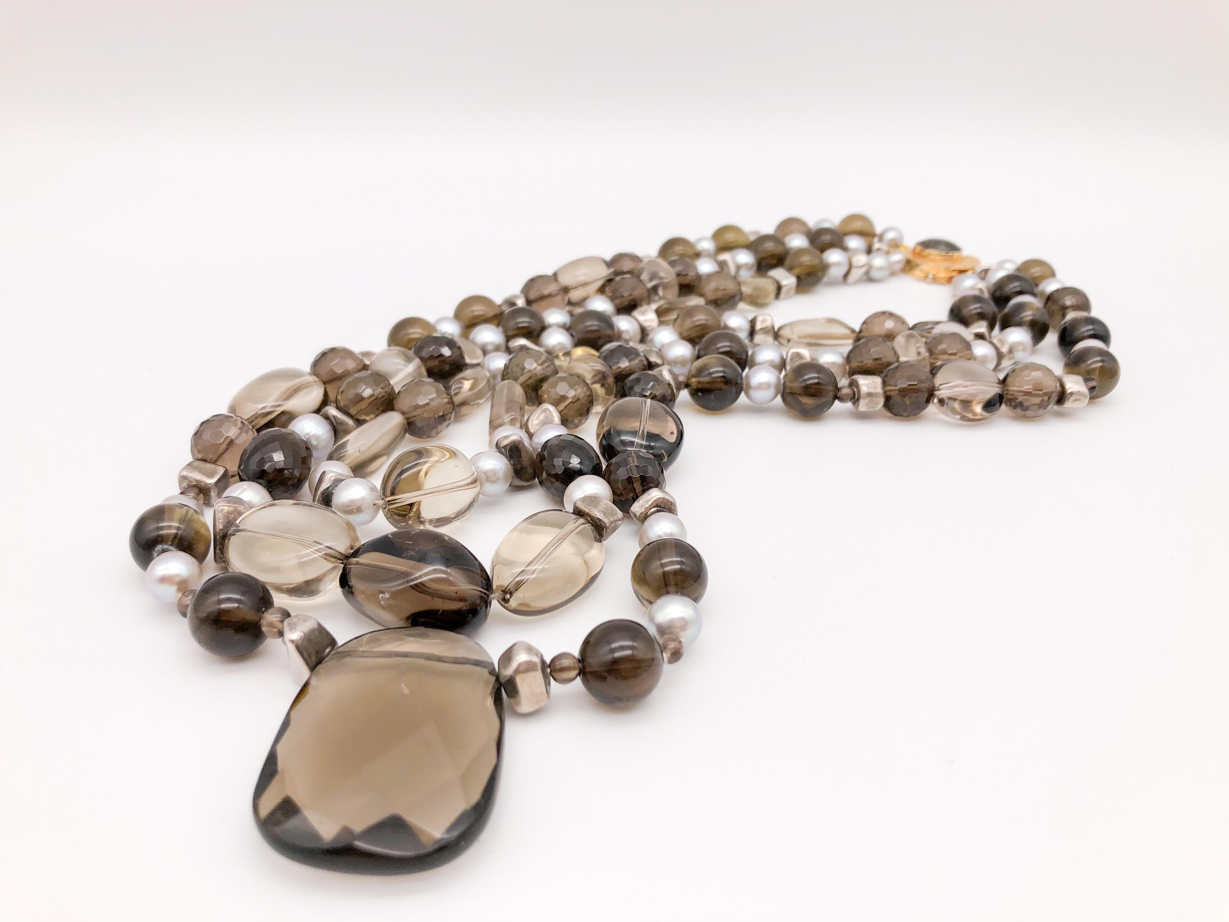 Mixed Cut A.jeschel Whiskey Quartz and freshwater Pearl necklace For Sale