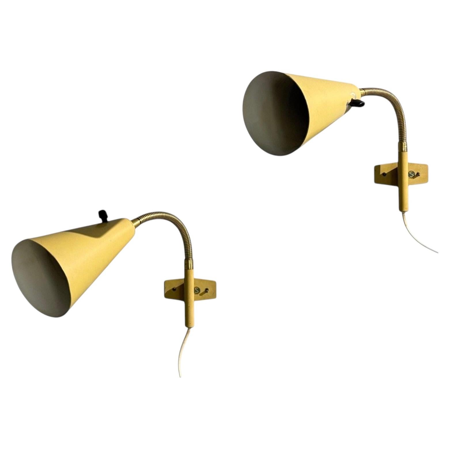 AJH, Adjustable Wall Sconces, Lacquered Metal, Brass, Sweden, 1950s For Sale