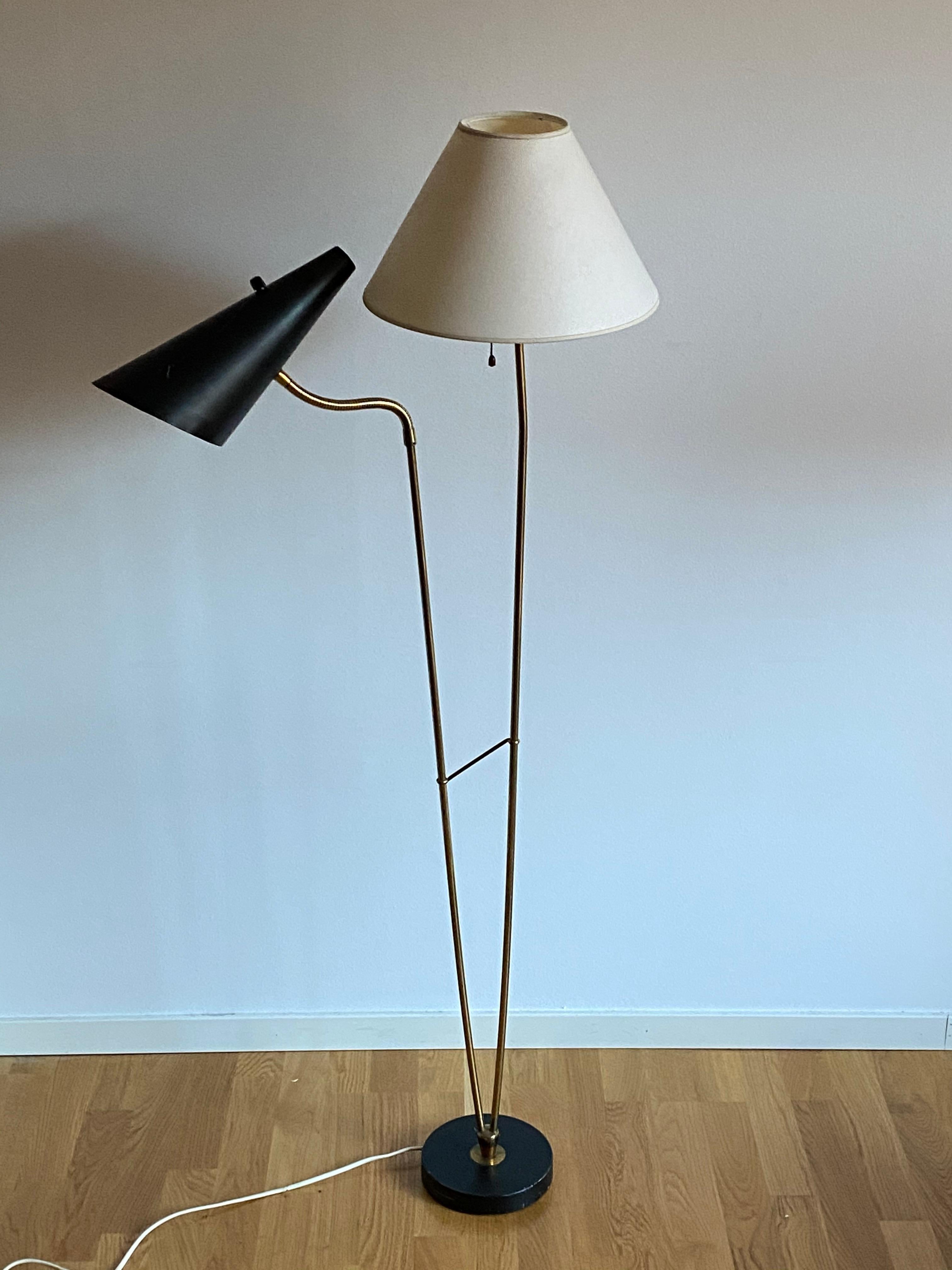 A floor lamp produced by Swedish firm AJH. Marked. One organic adjustable arm with reading light and one arm with a vintage fabric screen. 

Other designers of the period include Paavo Tynell, Hans Agne Jacobsen, Josef Frank, and Serge