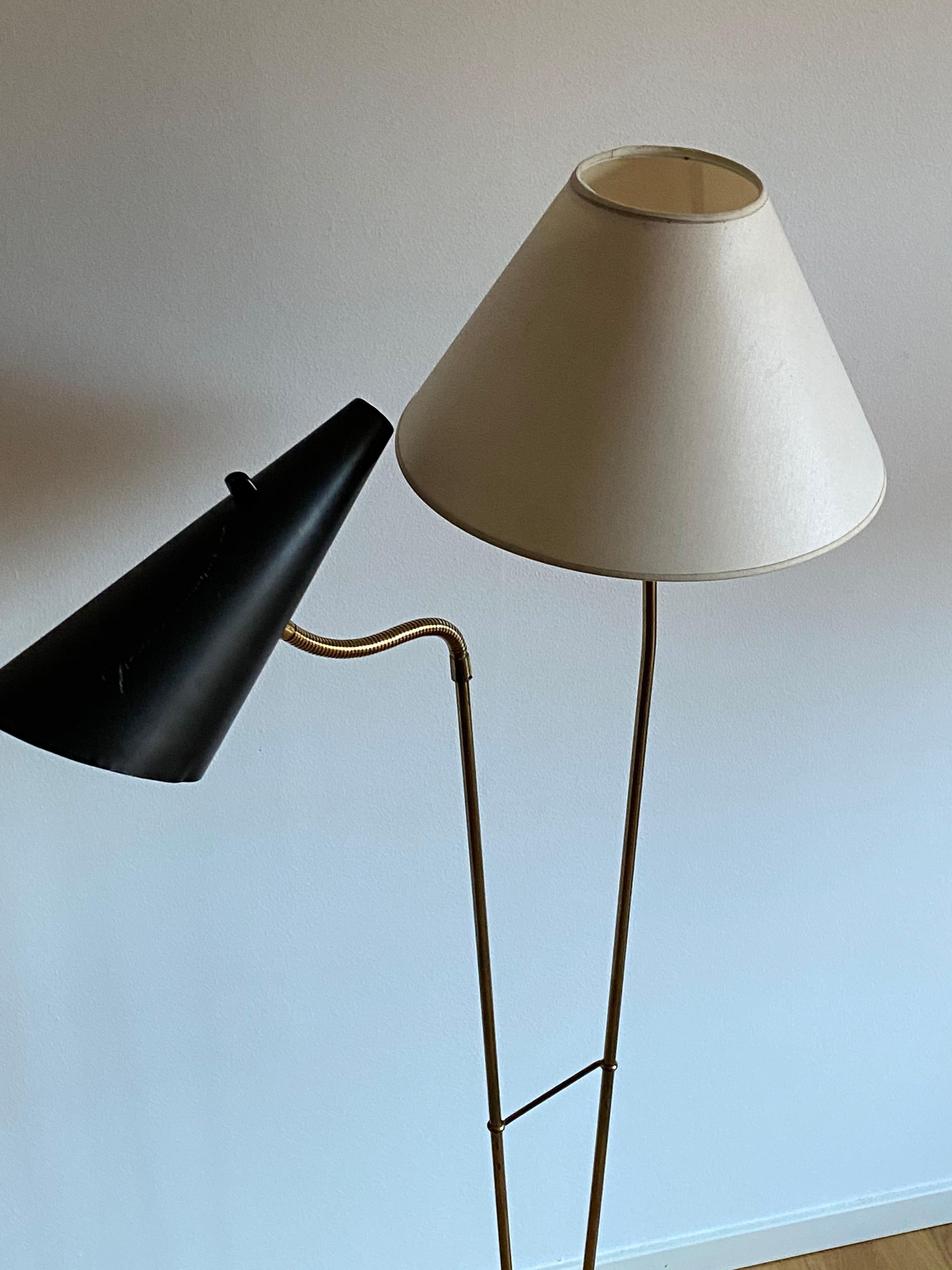 Mid-Century Modern AJH, Organic Two-Armed Floor Lamp, Brass, Lacquered Metal, Fabric, Sweden, 1950s