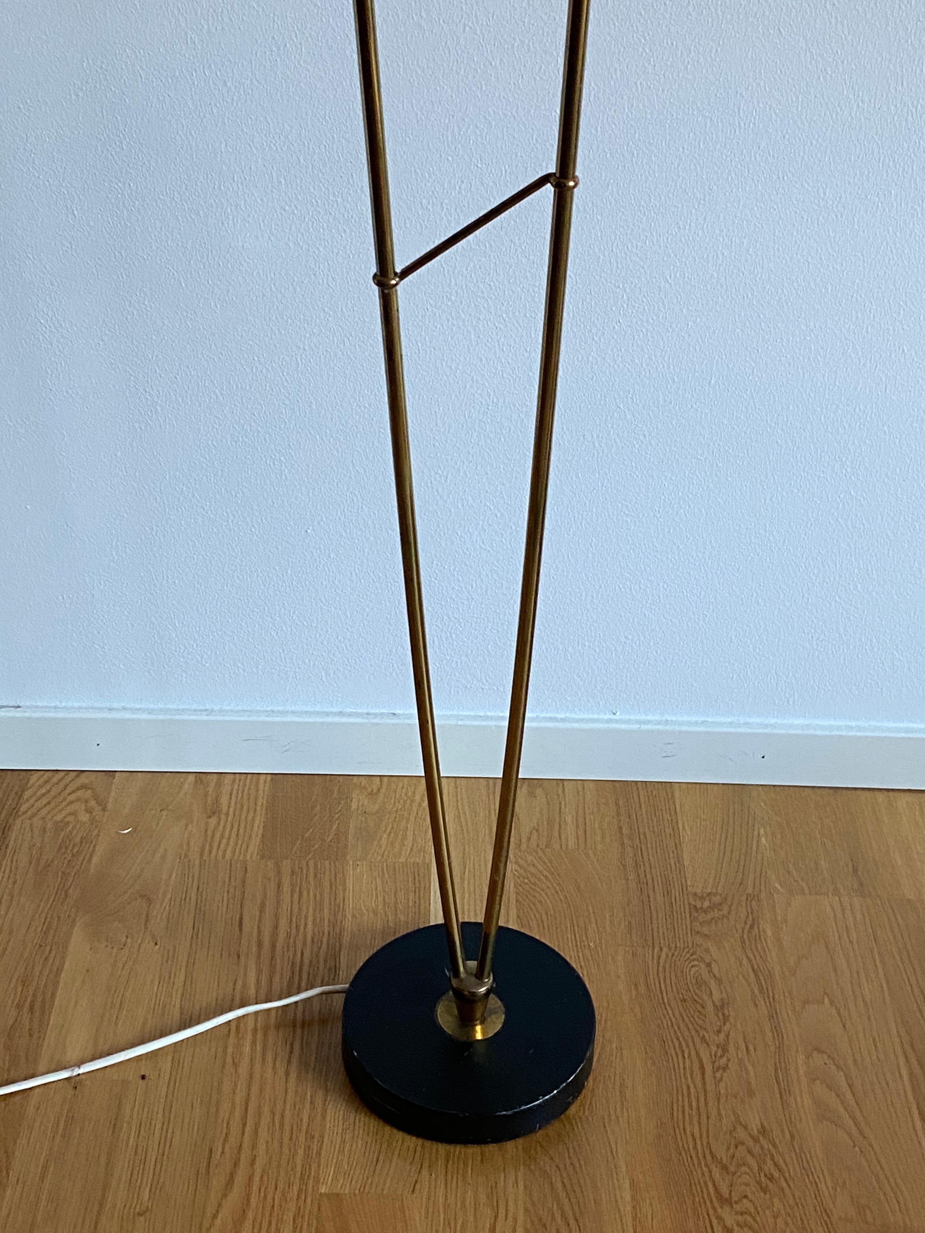 Swedish AJH, Organic Two-Armed Floor Lamp, Brass, Lacquered Metal, Fabric, Sweden, 1950s