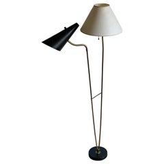 AJH, Organic Two-Armed Floor Lamp, Brass, Lacquered Metal, Fabric, Sweden, 1950s