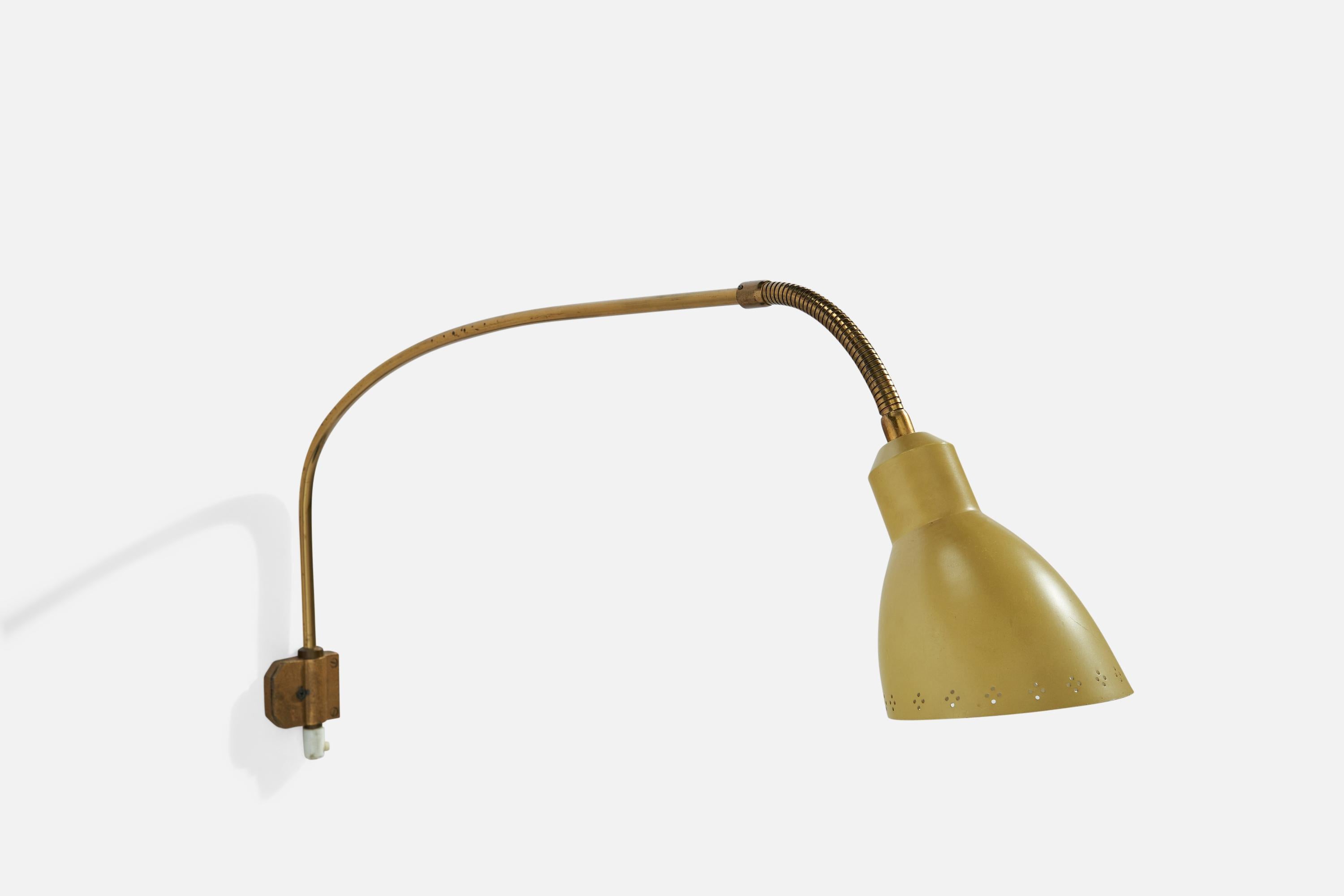 A brass and yellow-lacquered metal wall light designed and produced by AJH, Sweden, 1950s.

Dimensions variable.
Overall Dimensions (inches): 9.5”  H x 19”  W x 26” D
Back Plate Dimensions (inches): N/A
Bulb Specifications: E-26 Bulb
Number of