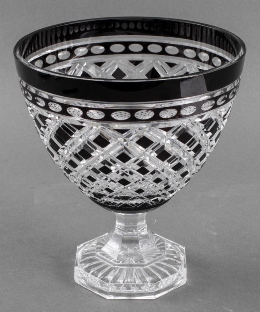 jka Crystal attributed Hungarian Bohemian glass large tazza, the cup with onyx black cut to clear geometric 
