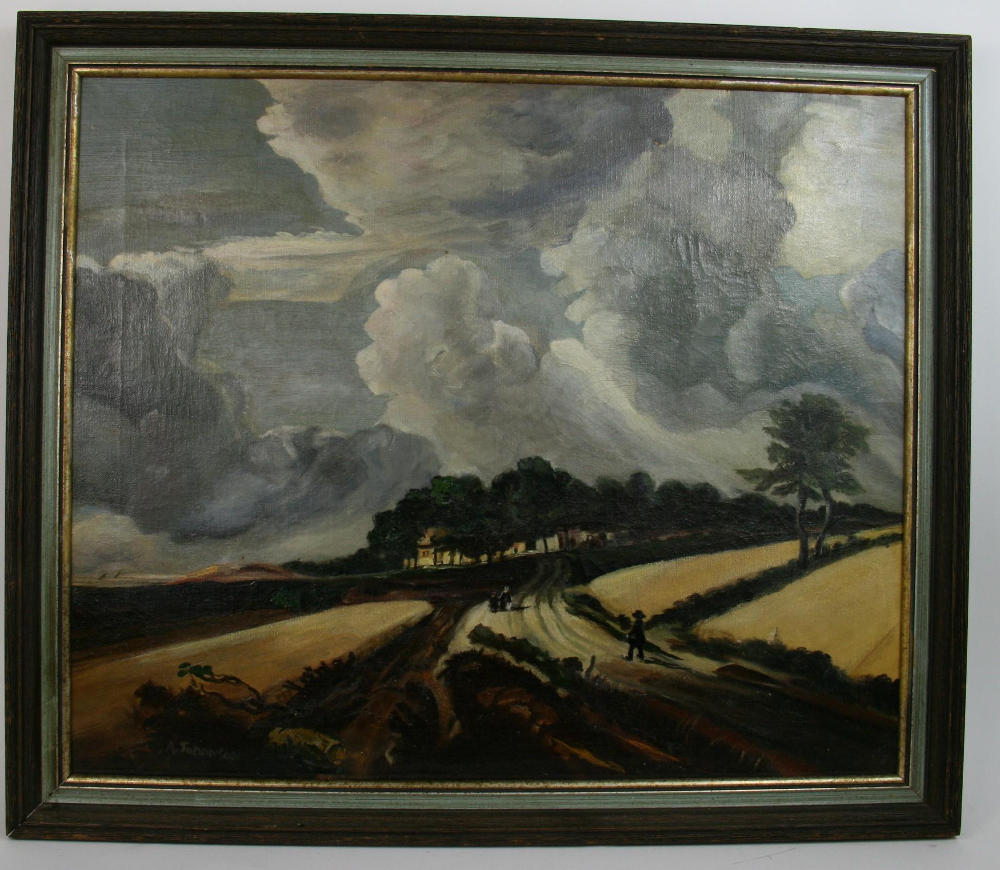5-3744 Oil an artist board of a Dutch landscape before an impending storm Circa 1920's Framed
