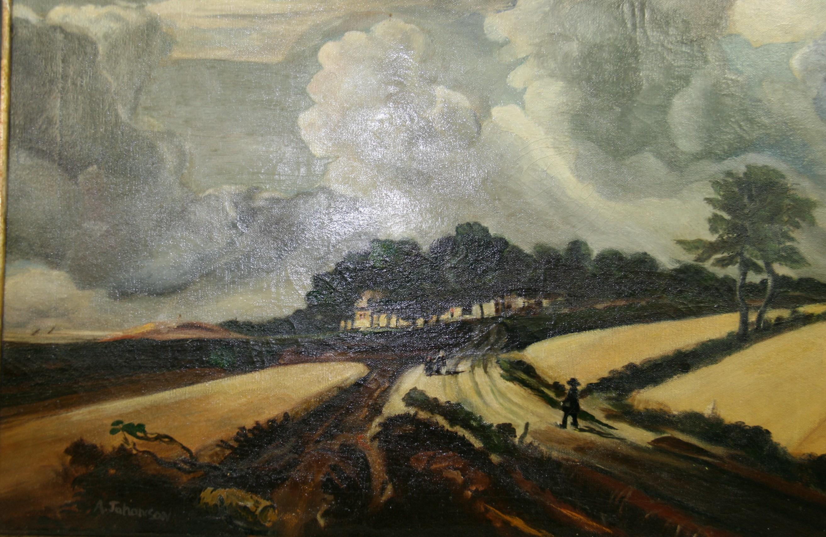 A.Johanson Landscape Painting - Antique   Dutch Landscape Gathering Storm Clouds  Oil Painting 1920