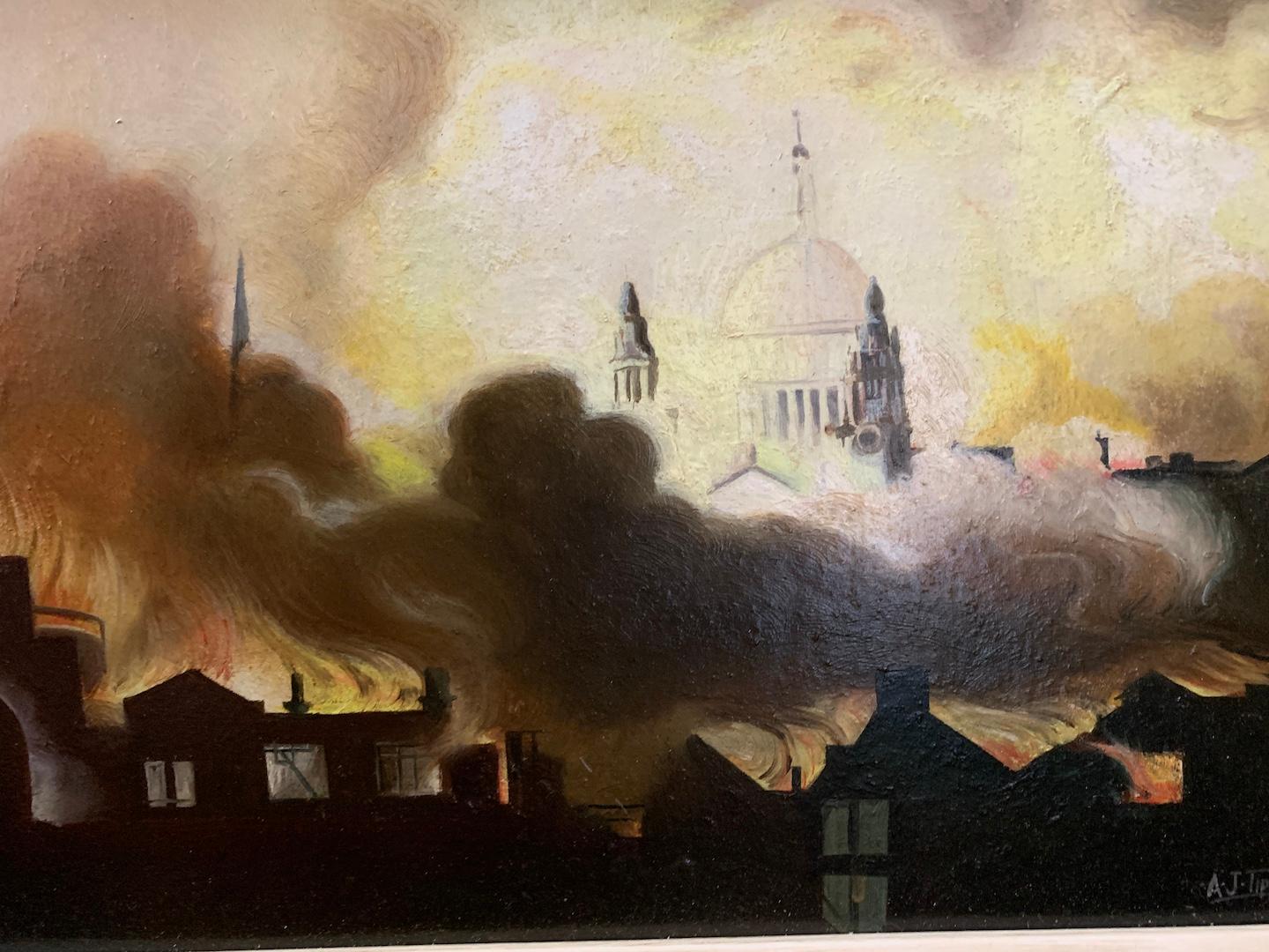 Super rare de la Seconde Guerre mondiale  Scène de la cathédrale Saint-Pauls, Londres pendant le Blitz - Painting de A.J.Tipping