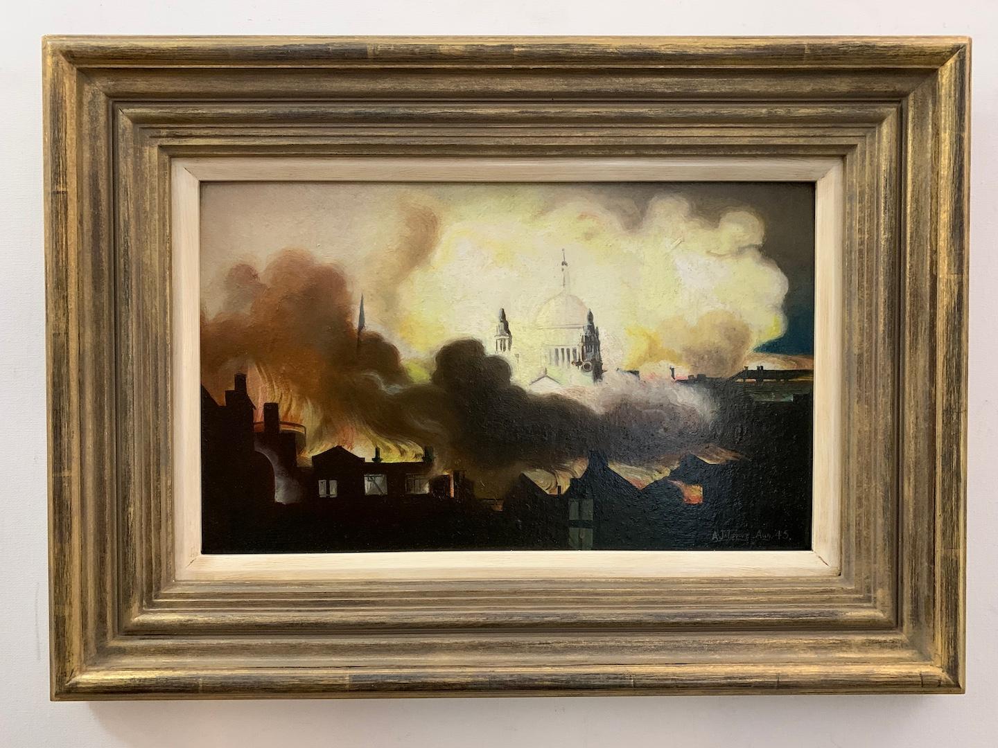 A.J.Tipping Figurative Painting - Super rare World War Two  scene of St Pauls's Cathedral, London during the Blitz