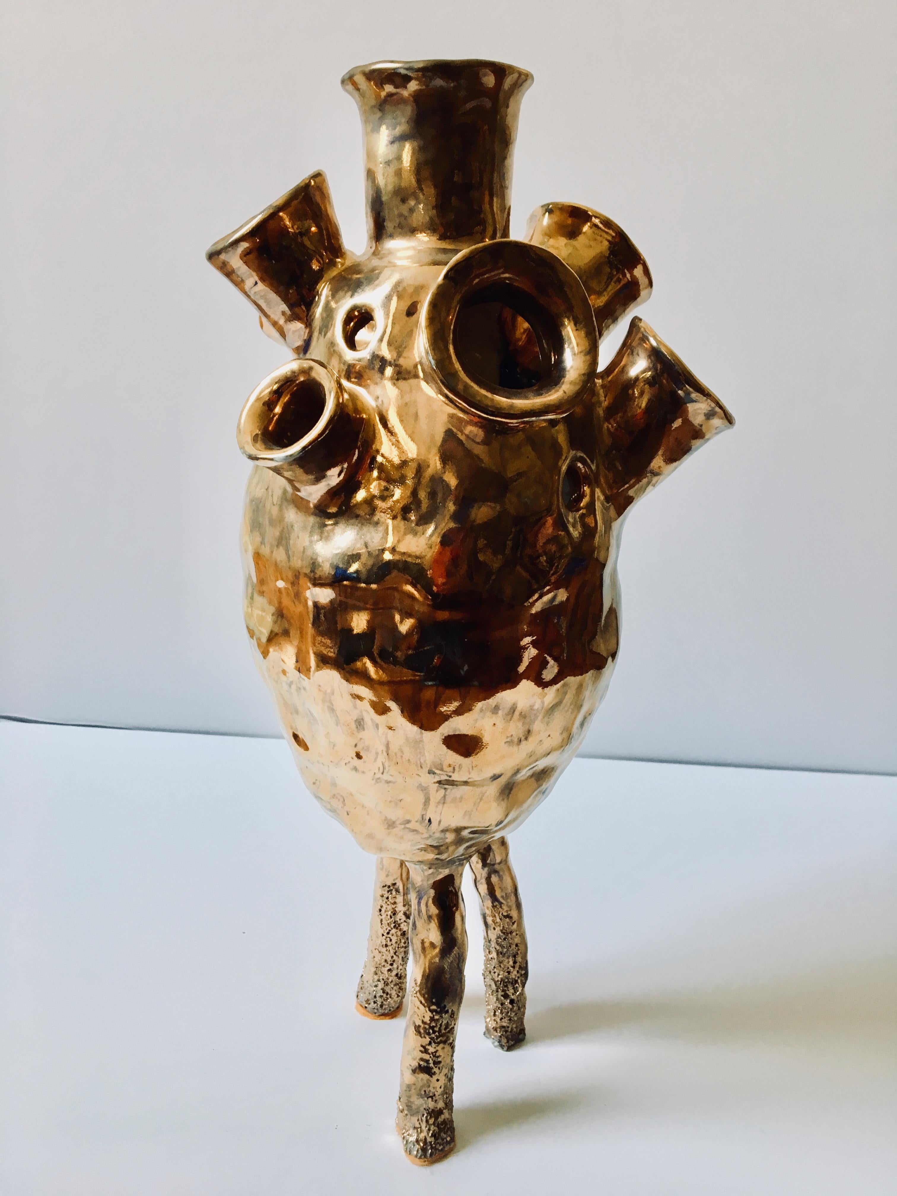 Abstract  Ceramic Vessel Sculpture: 'Creature Medium 9' - Gold Abstract Sculpture by Ak Jansen