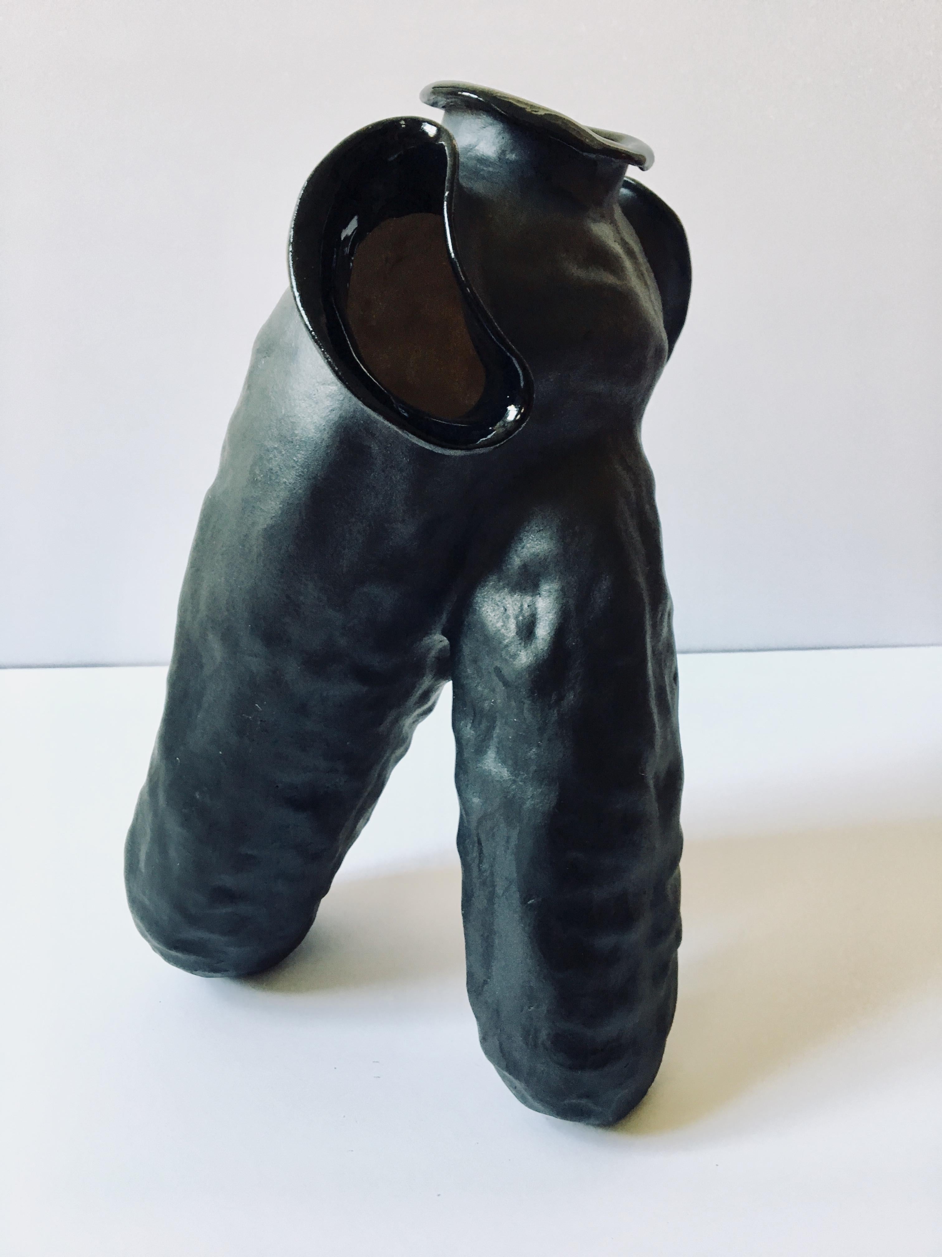 Sculpture of black ceramic vessel: 'Creature Medium No 6' 1