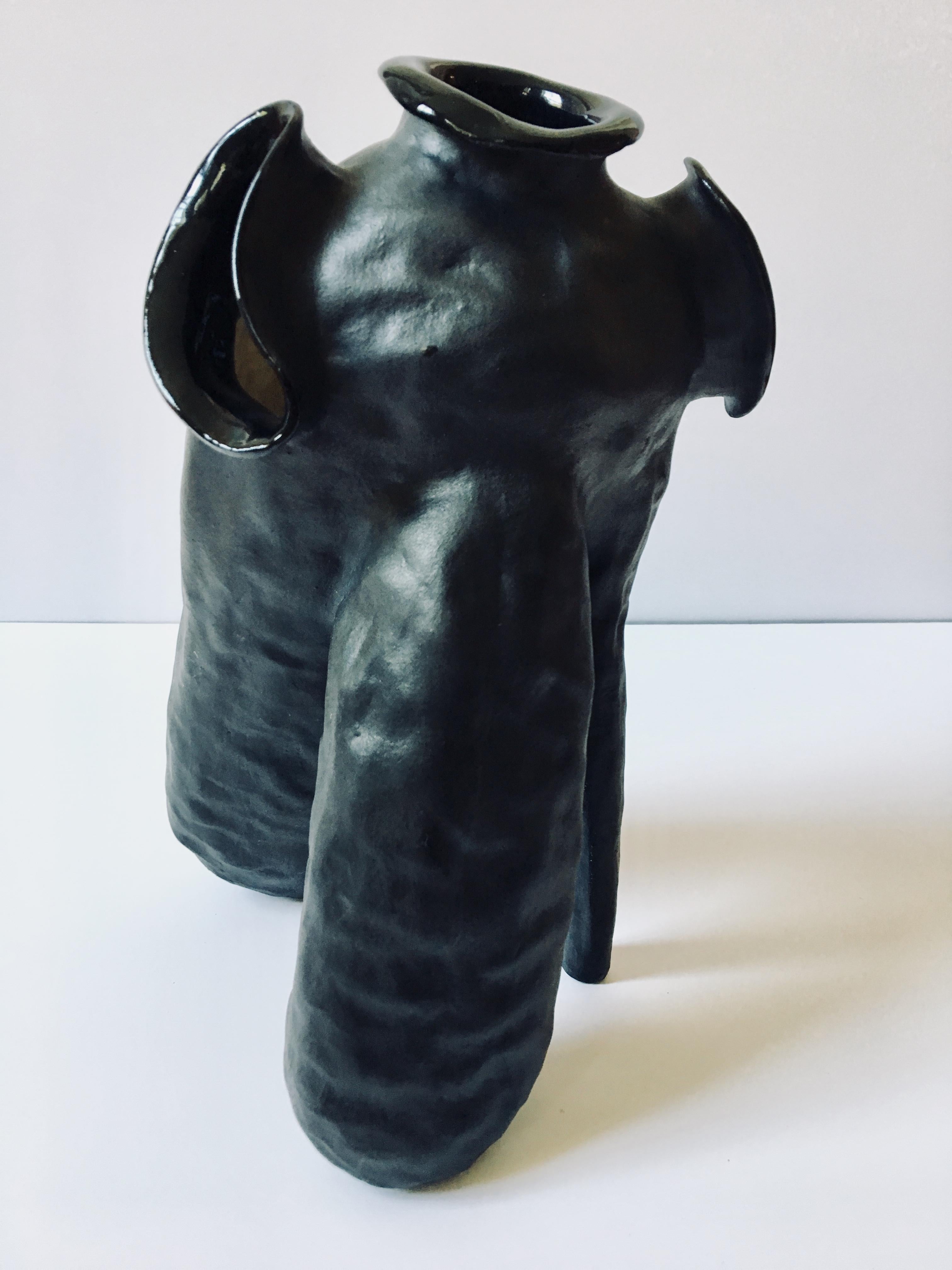 Sculpture of black ceramic vessel: 'Creature Medium No 6' 2