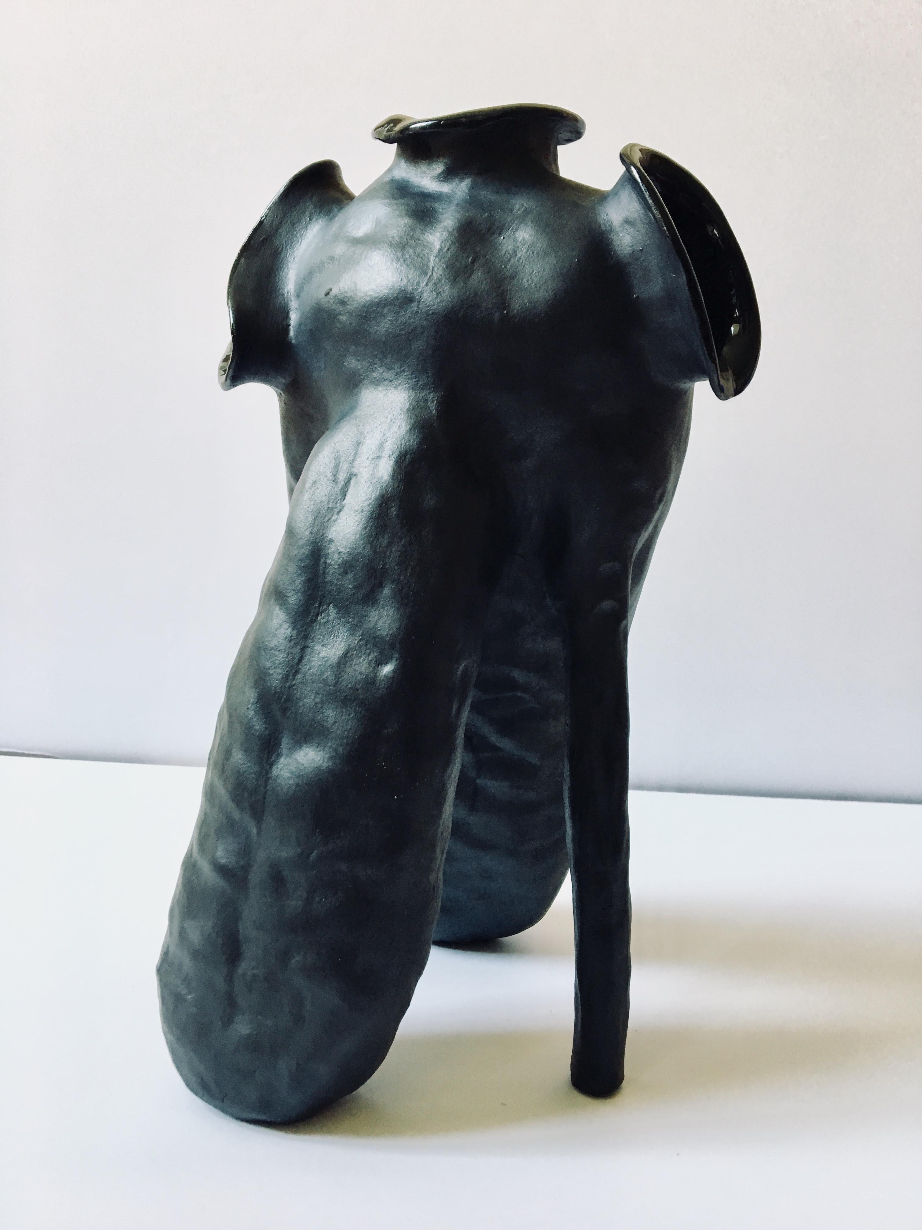 Sculpture of black ceramic vessel: 'Creature Medium No 6' 3