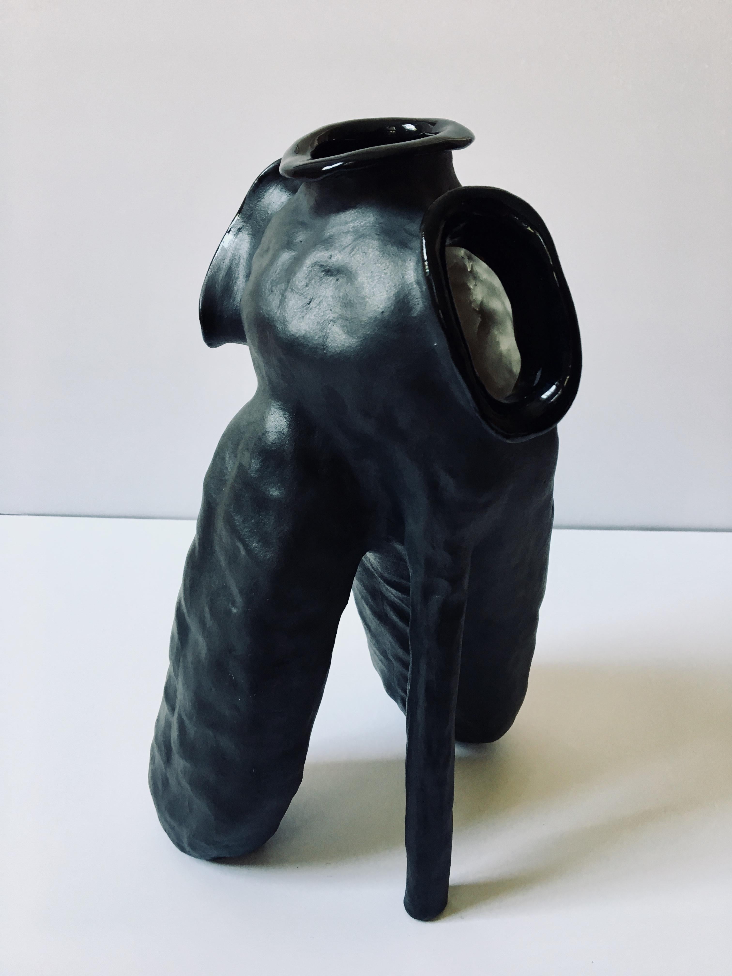 Sculpture of black ceramic vessel: 'Creature Medium No 6' 4