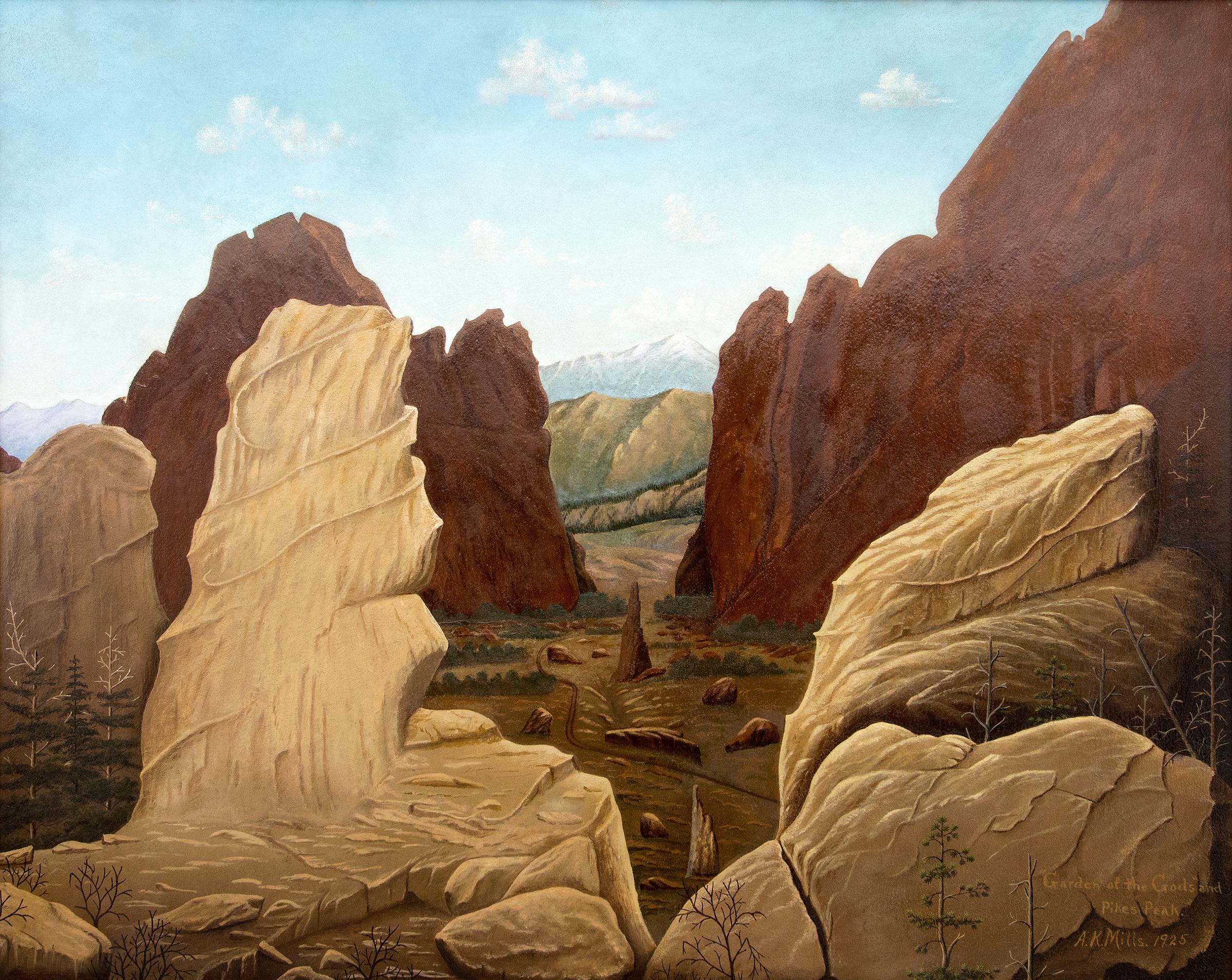 Jardín de los Dioses y Pikes Peak, Colorado, Pintura de Paisaje del Suroeste - Painting de A.K. Mills