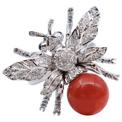 Aka Coral, Diamonds, Sapphires, 14 Karat White Gold Bee Ring