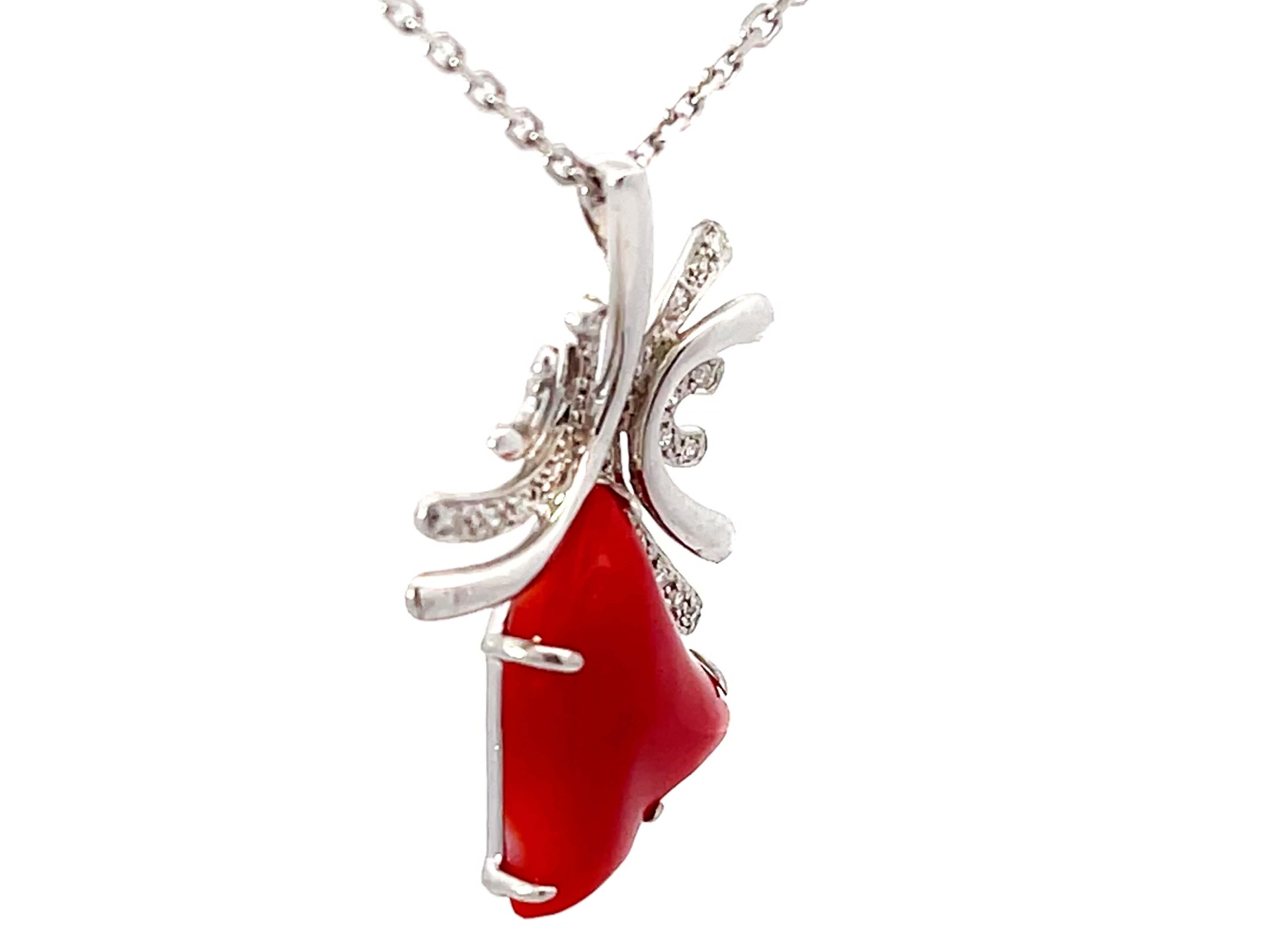 Modern Aka Coral Red Heart Diamond Necklace Solid 14k White Gold For Sale